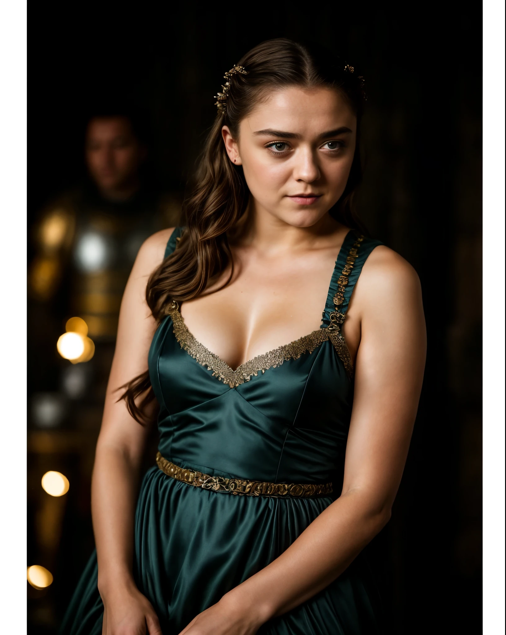 Foto RAW, Arya Stark, Extremely gorgeous lady, Arya Stark PLAYED BY MAISIE WILLIAMS, Queen Arya Stark, she  a mature woman now, milf, sexy mediaeval battle dress, gladiator woman, body, 40 years old Woman, Roman slave dress, cotton dress, busty mediaeval costumes, body revealing costumes, perky breast, big natural breast, erotic costumes, lusty physique, seductive figure can capture every people's attention, Game of thrones costumes, revealing captivating figure, Mediaeval costumes, revealing clothes, A tomboy, she would rather fence than dance, warrior queen , game of thrones screen caps, Game of Thrones Series, (pele altamente detalhada: 1.2), 8k UHD, DSLR, soft-lighting, alta qualidade, grain of film, Fujifilm XT3, flawless picture, highly detailed, detailed Beauty, intricate, 32k, sharp picture,