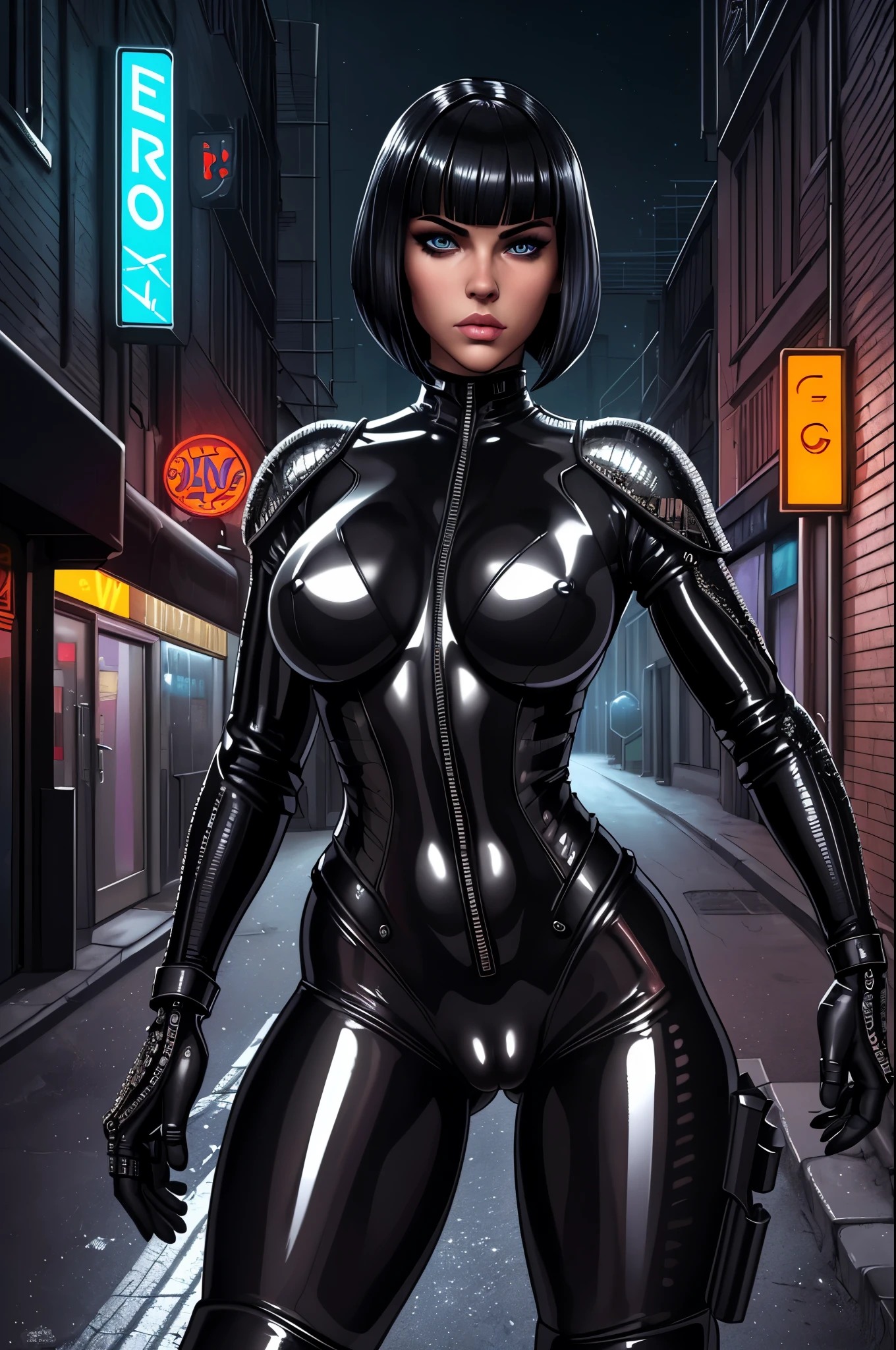 (best quality,ultra-detailed,realistic:1.37),portrait,beautiful detailed eyes,beautiful detailed lips,intense gaze,stern expression,dark atmosphere,metallic texture,shiny armor,reflective surfaces,bobcut hairstyle,futuristic fashion,leather jacket,black clothing,urban setting,city street scene,night time,neon lights,grimy alleyways,motorcycle,assassin,deadly weapon,confident stance. cameltoe