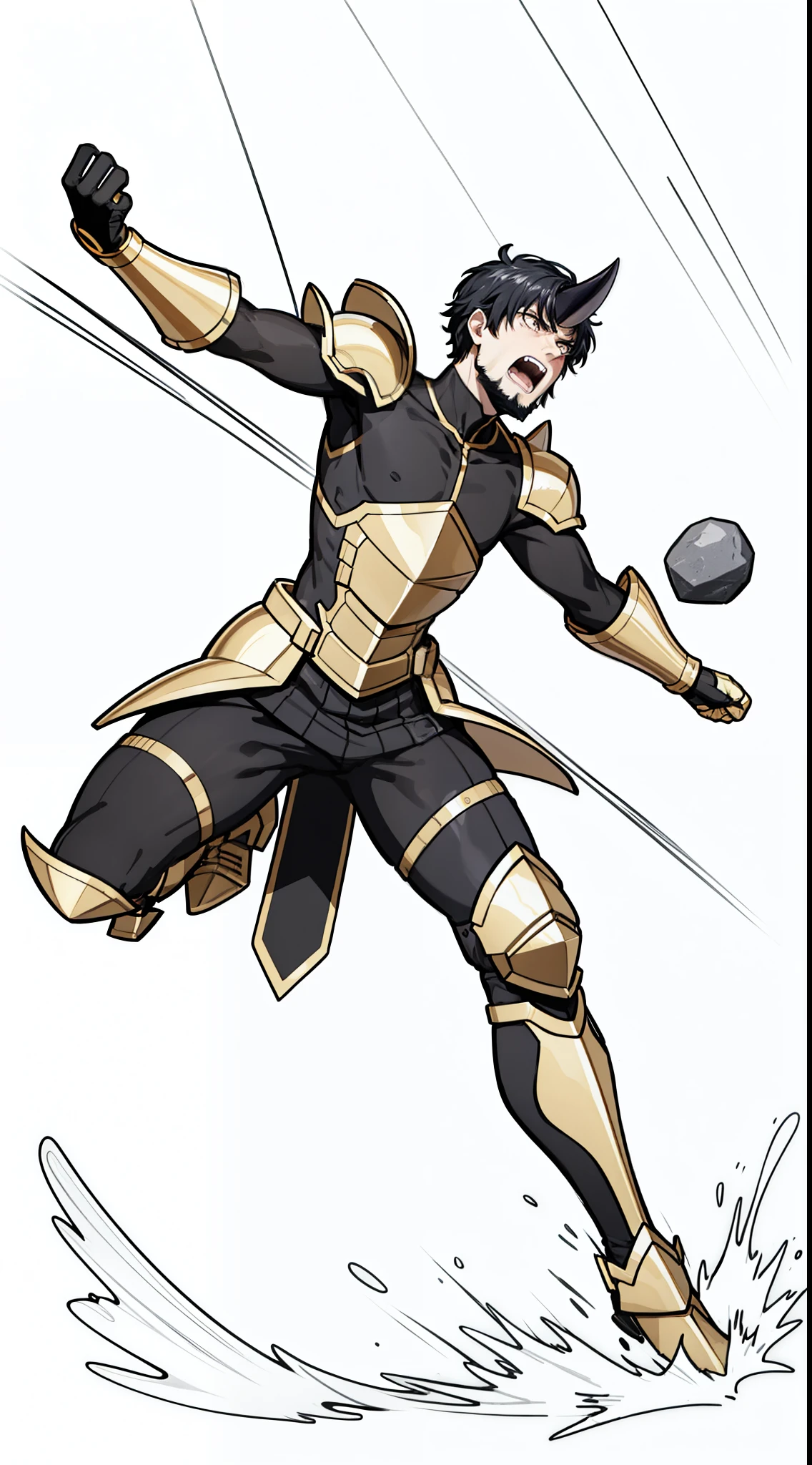 1boy,20 years old,black horn,short hair,black hair,goatee,(golden armor),((white background,line drawing)),serious,action pose,open mouth,attacking,throwing a stone