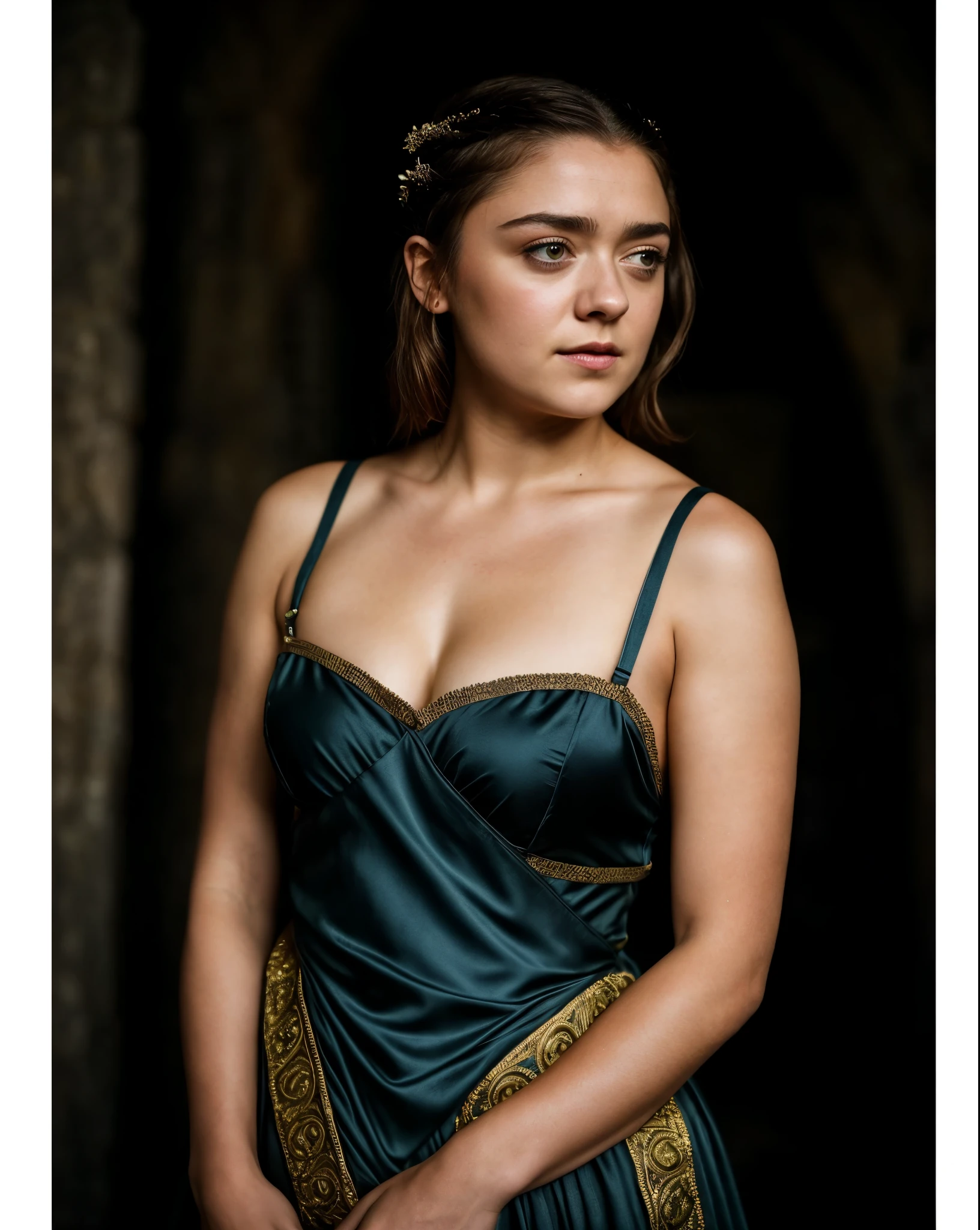 Foto RAW, Arya Stark, Extremely gorgeous lady, Arya Stark PLAYED BY MAISIE WILLIAMS, Queen Arya Stark, she a mature woman now, milf, sexy mediaeval battle dress, gladiator woman, body, 40 years old Woman, Roman slave dress, cotton dress, busty mediaeval costumes, body revealing costumes, perky breast, big natural breast, erotic costumes, lusty physique, seductive figure can capture every people's attention, Game of thrones costumes, revealing captivating figure, Mediaeval costumes, revealing clothes, A tomboy, she would rather fence than dance, warrior queen , game of thrones screen caps, Game of Thrones Series, (pele altamente detalhada: 1.2), 8k UHD, DSLR, soft-lighting, alta qualidade, grain of film, Fujifilm XT3, flawless picture, highly detailed, detailed Beauty, intricate, 32k, sharp picture,