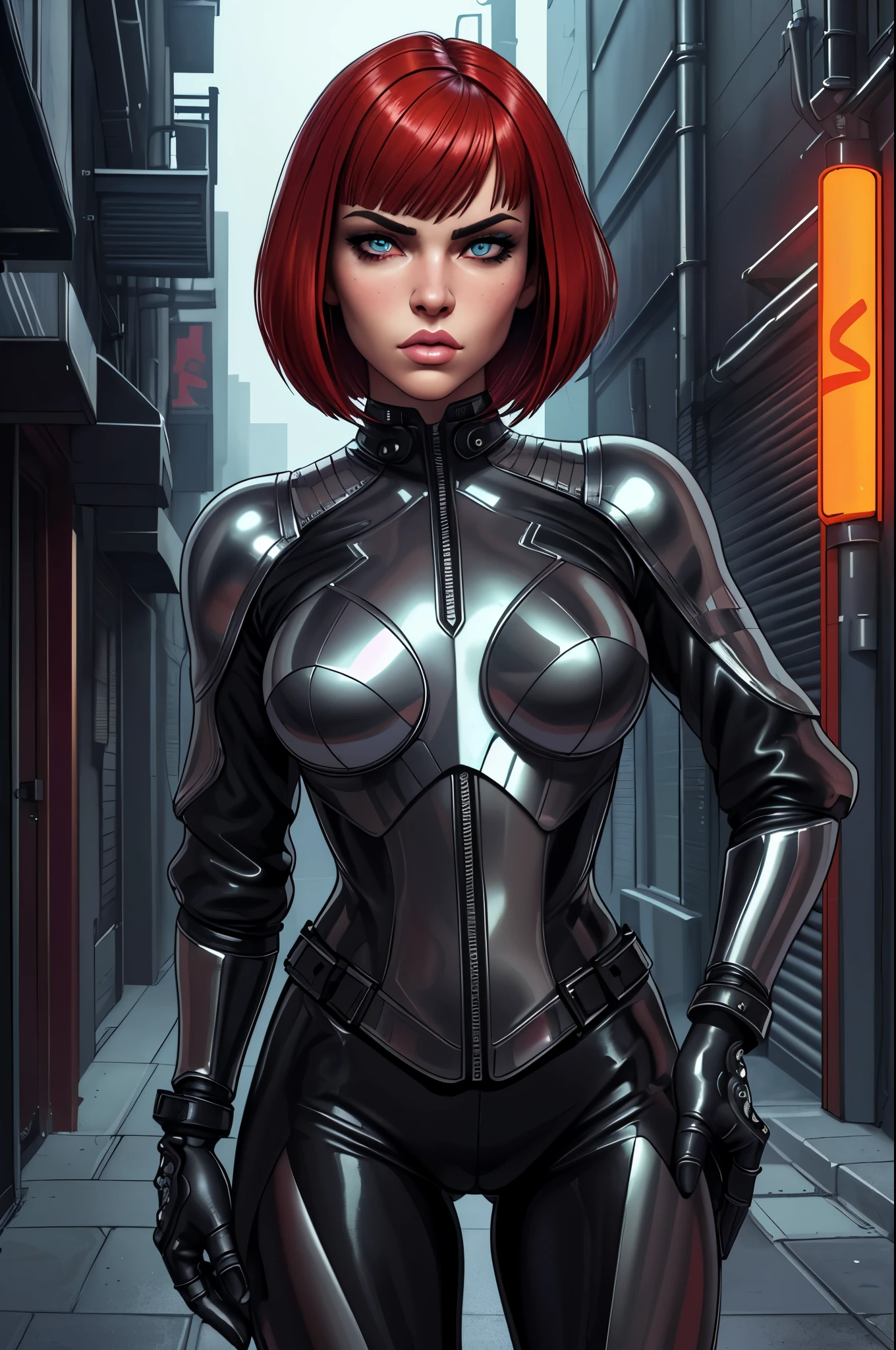 (best quality,ultra-detailed,realistic:1.37),portrait,beautiful detailed eyes,beautiful detailed lips,intense gaze,stern expression,dark atmosphere,metallic texture,shiny armor,reflective surfaces,bobcut hairstyle,futuristic fashion,leather jacket,black clothing,urban setting,city street scene,night time,neon lights,grimy alleyways,motorcycle,assassin,deadly weapon,confident stance. red hair