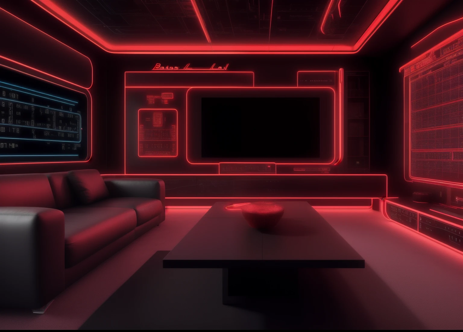 (masterpiece),(high quality), best quality, real,(realistic), super detailed, (full detail),(4k), 8k, interior, futuristic, technological, Living Room, Black, Neon Red, Inspired by the Batcave, titles 'the Math Lab', with Main Widescreen futuristic TV in the Middle