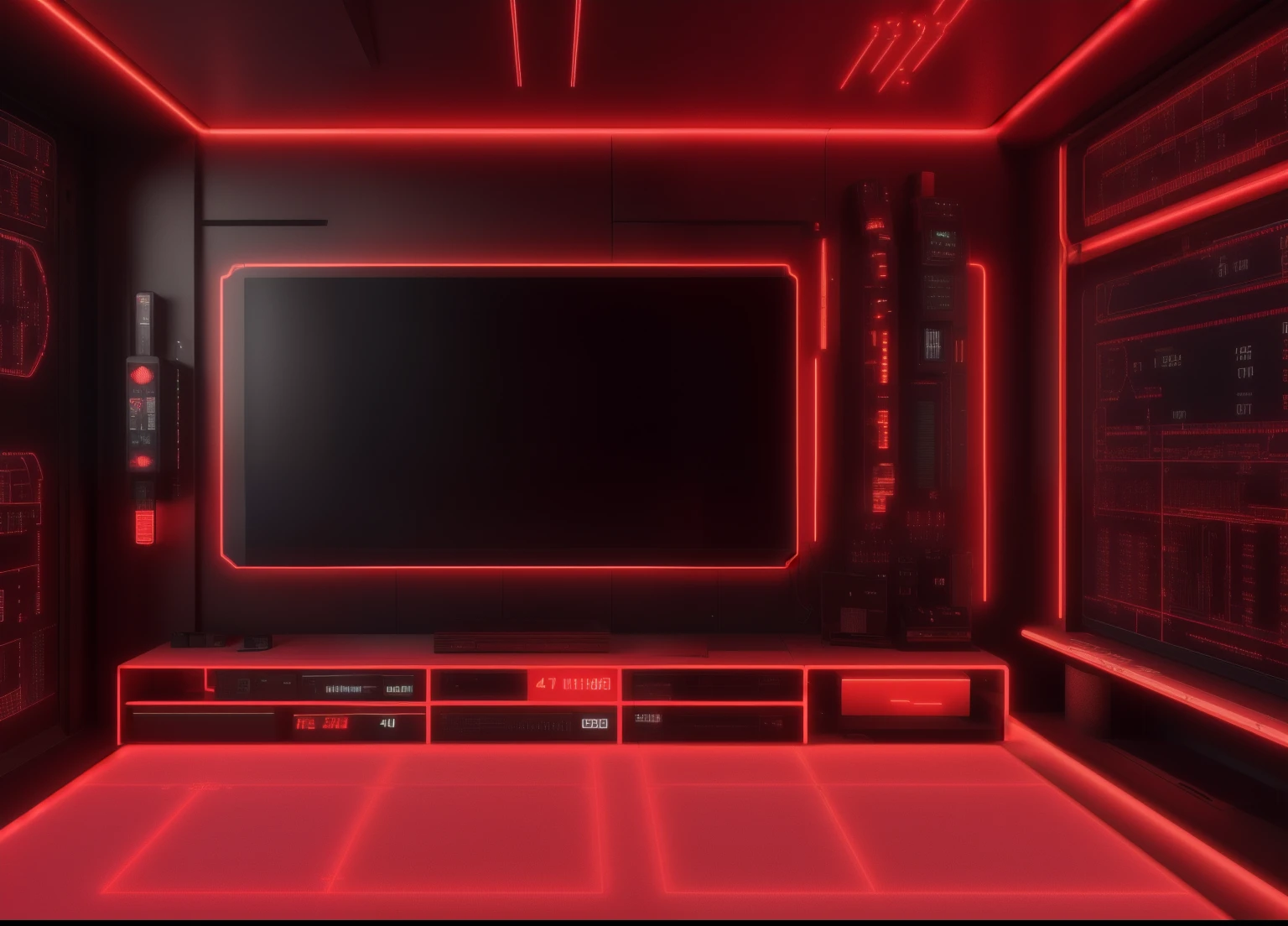 (masterpiece),(high quality), best quality, real,(realistic), super detailed, (full detail),(4k), 8k, interior, futuristic, technological, Living Room, Black, Neon Red, Inspired by the Batcave, titles 'the Math Lab', with Main Widescreen futuristic TV in the Middle