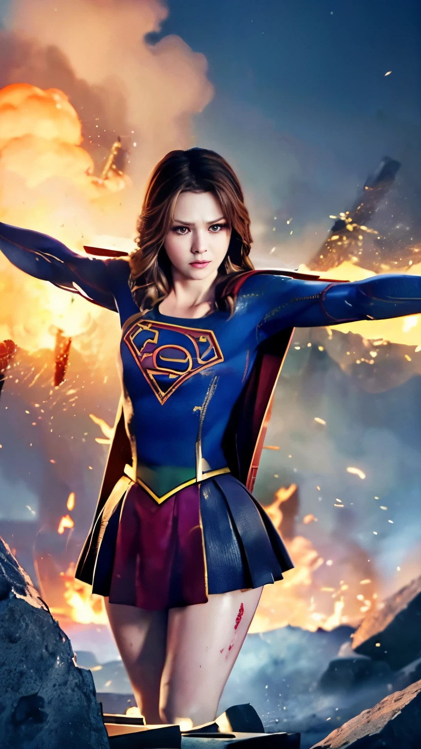 highest quality,masterpiece,UHD, Super detailed, 8K,(Beautiful woman),(一人のBeautiful woman),((crucifixion:1.5)),(((cross))),(execution),((incontinence)),scared,torture,slave,((crossにcrucifixionにされた女性:1.5)),crucifixion刑,((supergirl:1.5)),blue suit,Superman logo on chest,red skirt,red boots,((torn costume:1.5)),((Tearing of clothes:1.5)),(tattered clothes),Beaten face,顔にtraces of being beaten,((bruises on body)),scars on body,injured face and body,(Bruise, dirty, torn clothes, revealing clothes, Blood:1.3),traces of being beaten,Defeated heroine,a devastated world,ruins,abandoned building,(burning at the stake),((roasted over fire:1.2)),inflammation,(inflammationに包まれている),足下にinflammation