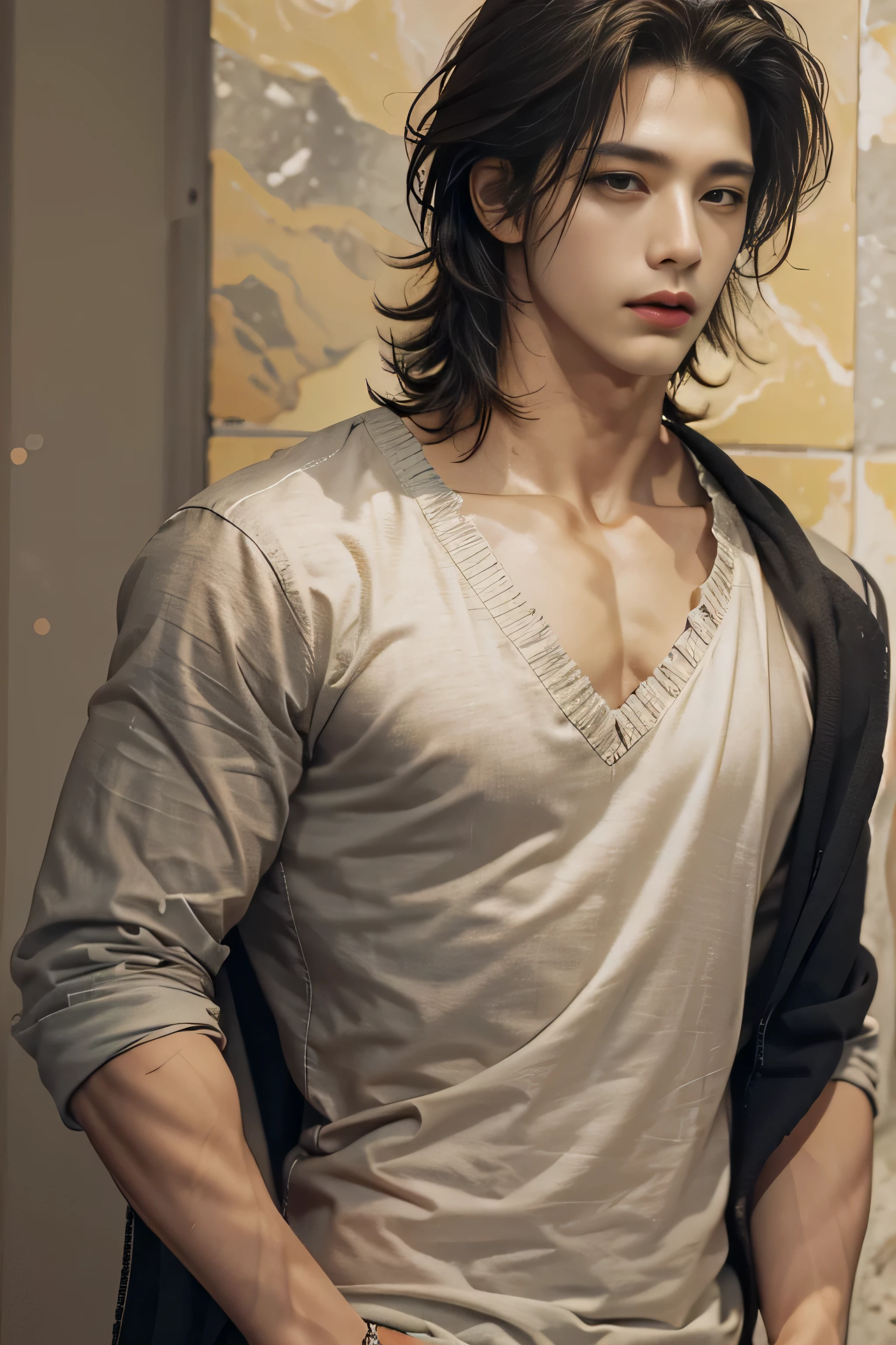 masterpiece, best quality, 1 guy, solo, handsome 20 year old, fair skin male, shoulder length dark hair, perfect face, chest abs, slender, masculine, medium length hair