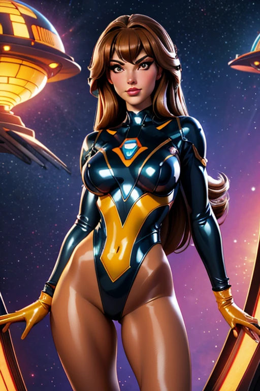 Best quality, 8K, woman retro super hero futurism, beautiful and detailed face, black straight long hair, bangs,big eyelashes,LOOKING TO observer,TRANSPARENT LATEX leotard, metalic details, LIGHT BROWN TAN pantyhose, sheer TAN gloves,sci-fi RETRO SPACESHIP scenario