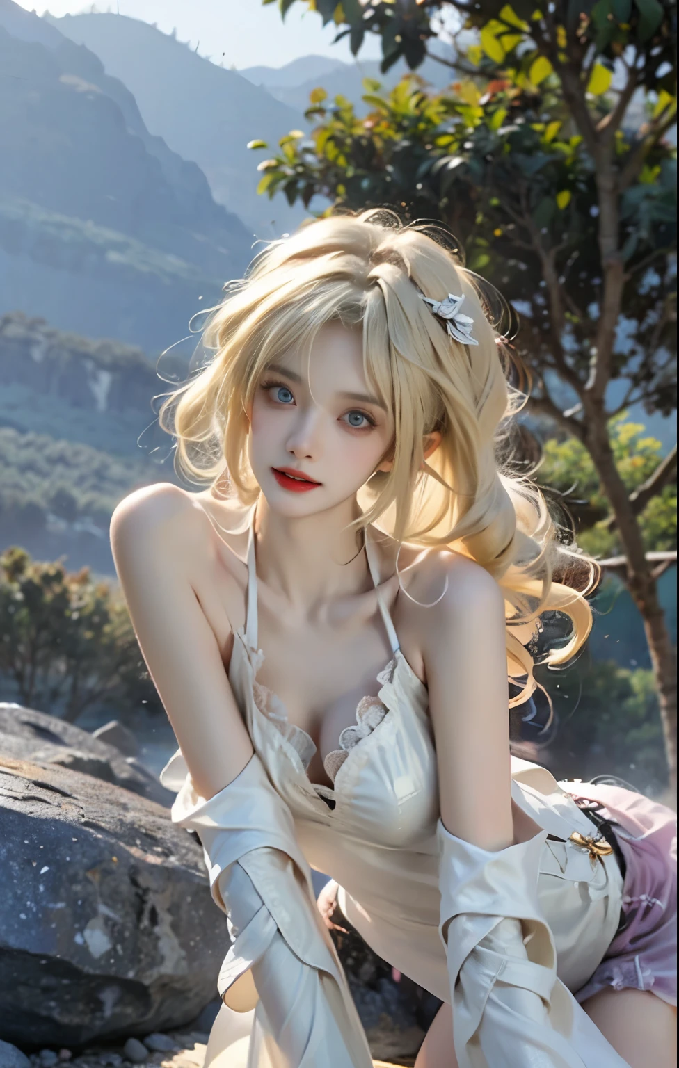 8k,artwork,Modern Hanfu,clavicle, ((bare shoulders)), ((whole body)), actual, Fashion girl, red lips, adult, cosmetic, big eyes, beautiful eyes, ((whole body)), ((from below)), (best quality, masterpiece:1.2), super detailed, (actual:1.37), ((Sexy long legs)), beautiful, young and energetic, Charming model with (exquisite eyes, Detailed lips, extremely exquisite eyes), Show a bright smile, Create stunning girl images, warm color, Extremely high color saturation, official art, Extremely detailed CG unified 8k wallpaper,(high dynamic range :1.4), (ish),(pastel colors, The color is dull, soothing tone :1.3), (natural skin texture, ultra-actual, soft light, sharp),(Very detailed), night, moonlight, ((in the mountains, plant, Leaning against the rocks)),Exquisite face,The gaze is disdainful,The face of the royal sister,whole body,big breasts,Cleavage close-up,Exquisite face,being held by the neck,yellow hair