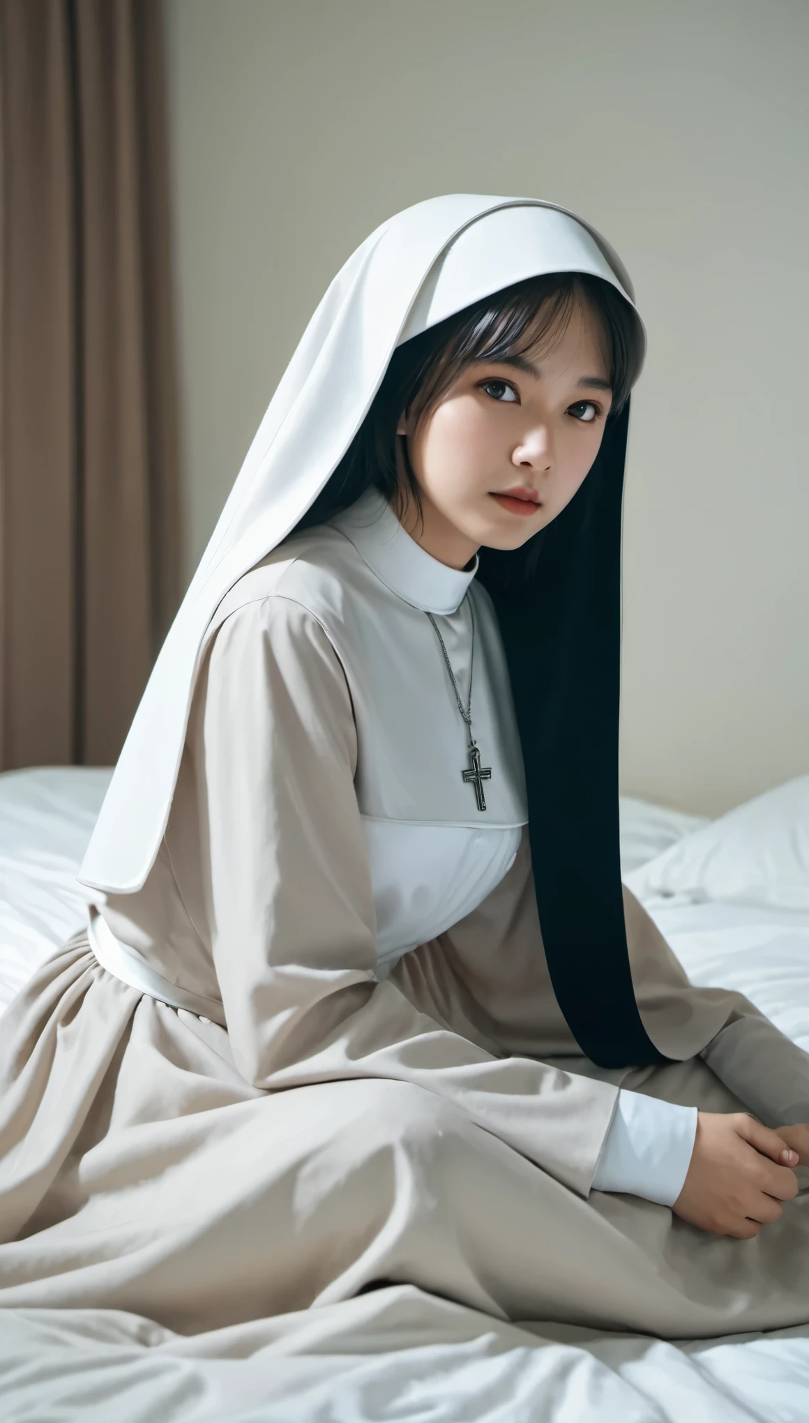 A nun girl in bed, Sit on the bed,
