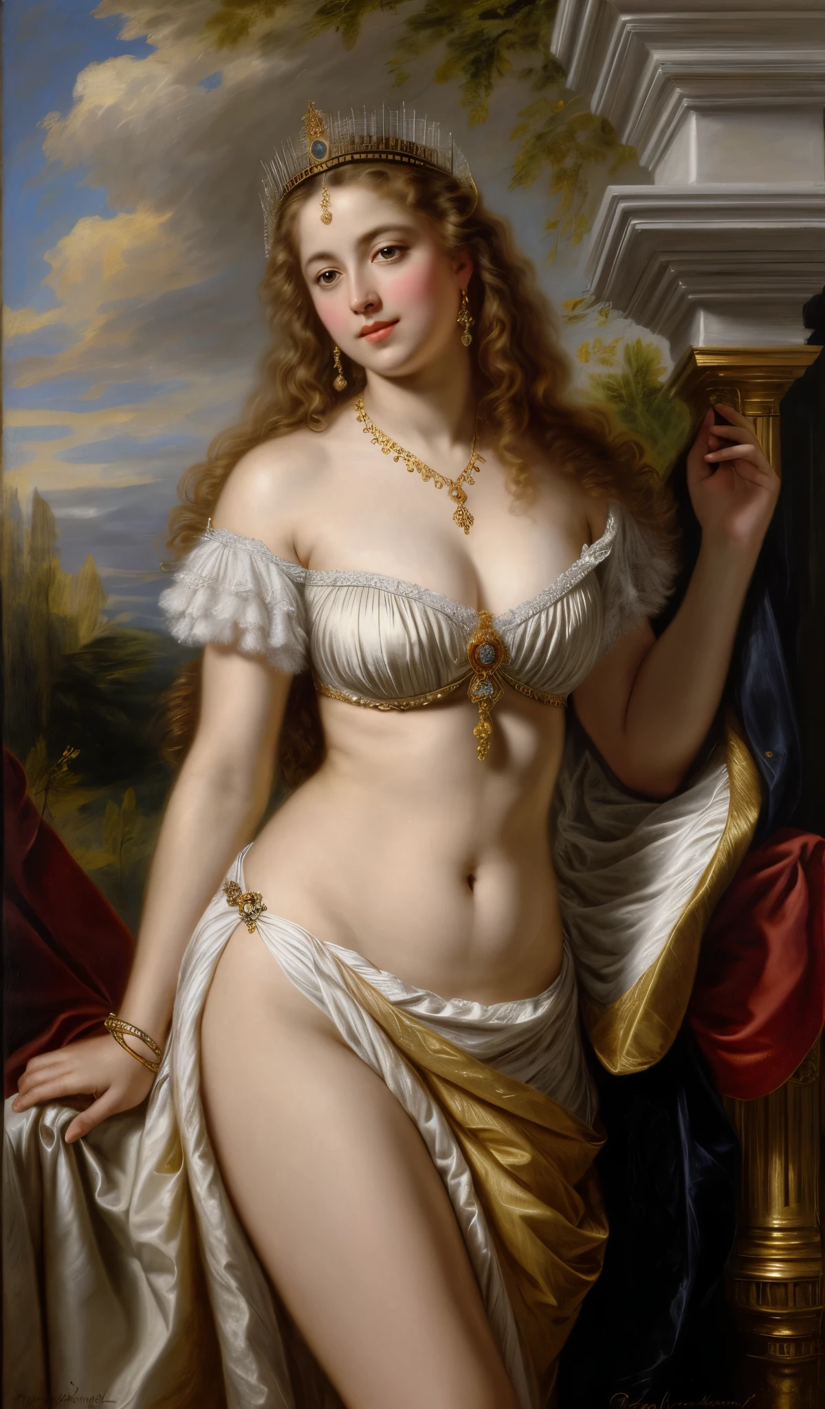 Best quality, highly detailed, masterpiece, Indian princess, Rajkanya, royal clothes, Masterpiece, extremely gorgeous woman, free flowing hair, fluffy hair, matchless Beauty, portrait, Peter Paul Rubens style, Woman, off shoulder bandeau crop blouse, middle ages, classicism, andrey atroshenko style, painting, long hair, styled hair, traditional media, realistic, figurative, fine art, detailed Art, oil on canvas, HDR, 8K, original character, high resolution, high detail, focus on the face, intricate, flawless, fluffy hair, Peter Paul Rubens style, By Peter Paul Rubens, sharp picture, avoid crown or mukut in picture,