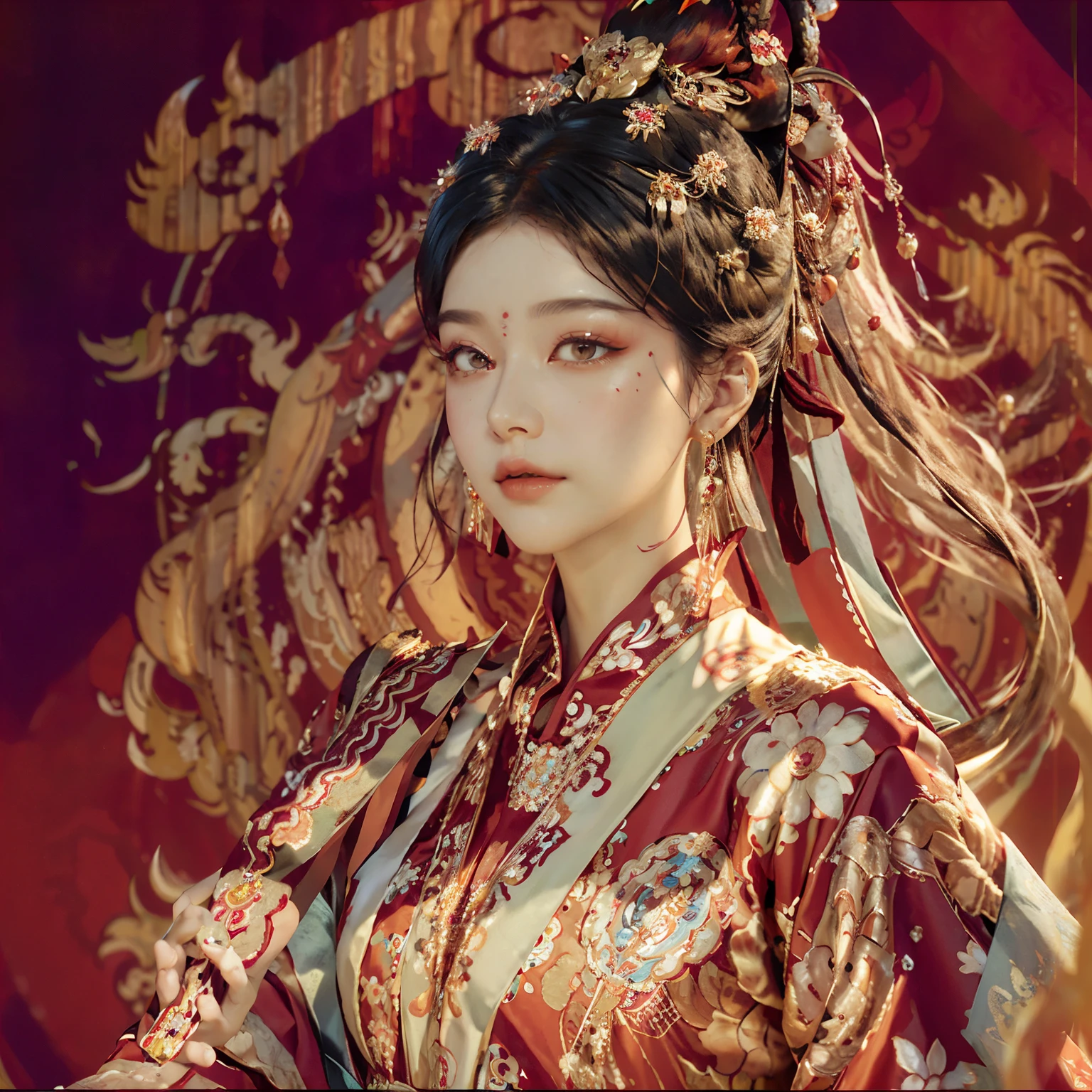 A very beautiful Medusa queen in hanfu, adorned with a thin red silk shirt intricately decorated with yellow motifs, dons a black lace shirt beneath. Her regal crown sits majestically atop her head, and her long hair, dyed an inky black, cascades down her back. Delicate hair jewelry adorns her locks, adding an air of sophistication. Her pretty, perfect face boasts jewelery earrings, adorned with antique jewels, accentuating her enlarged, vibrant red eyes. Her sharp eye makeup and meticulous eyelash design lure the viewer in, while her sparse eyebrows and high, defined nose enhance