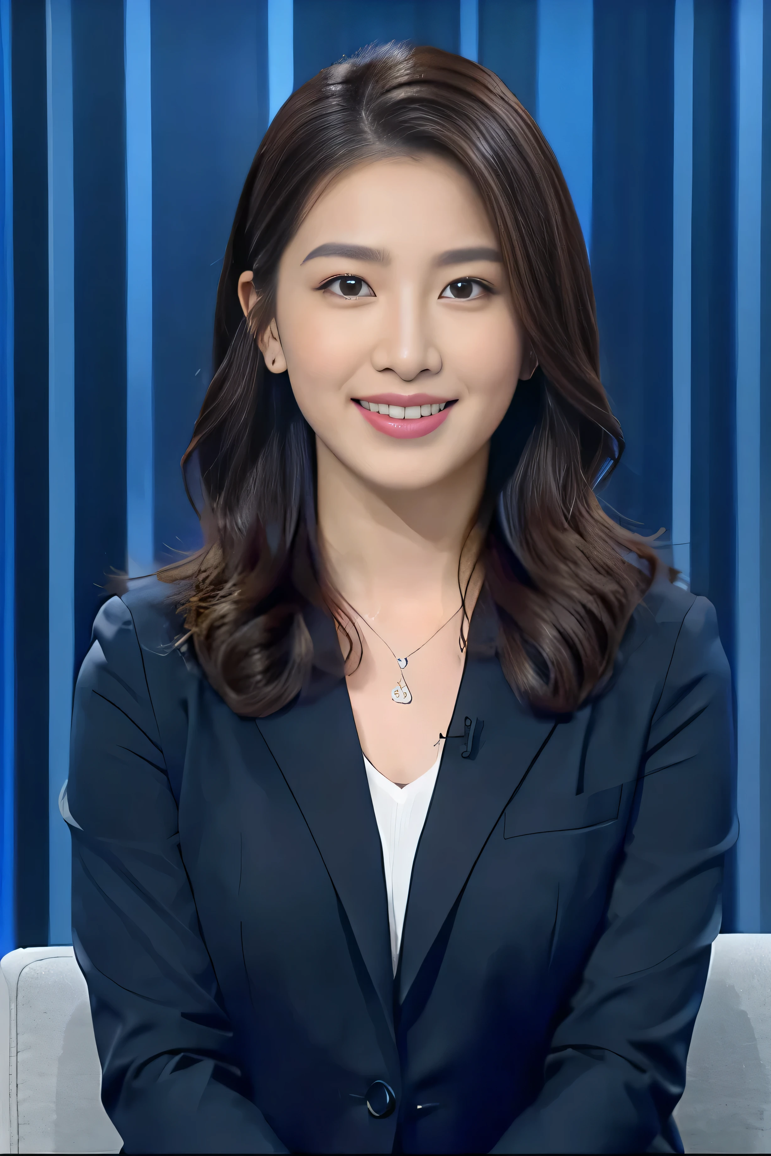 best image quality、ultra high resolution、1 girl、beautiful face、Announcer in a tight suit with long sleeves、Sitting in the studio