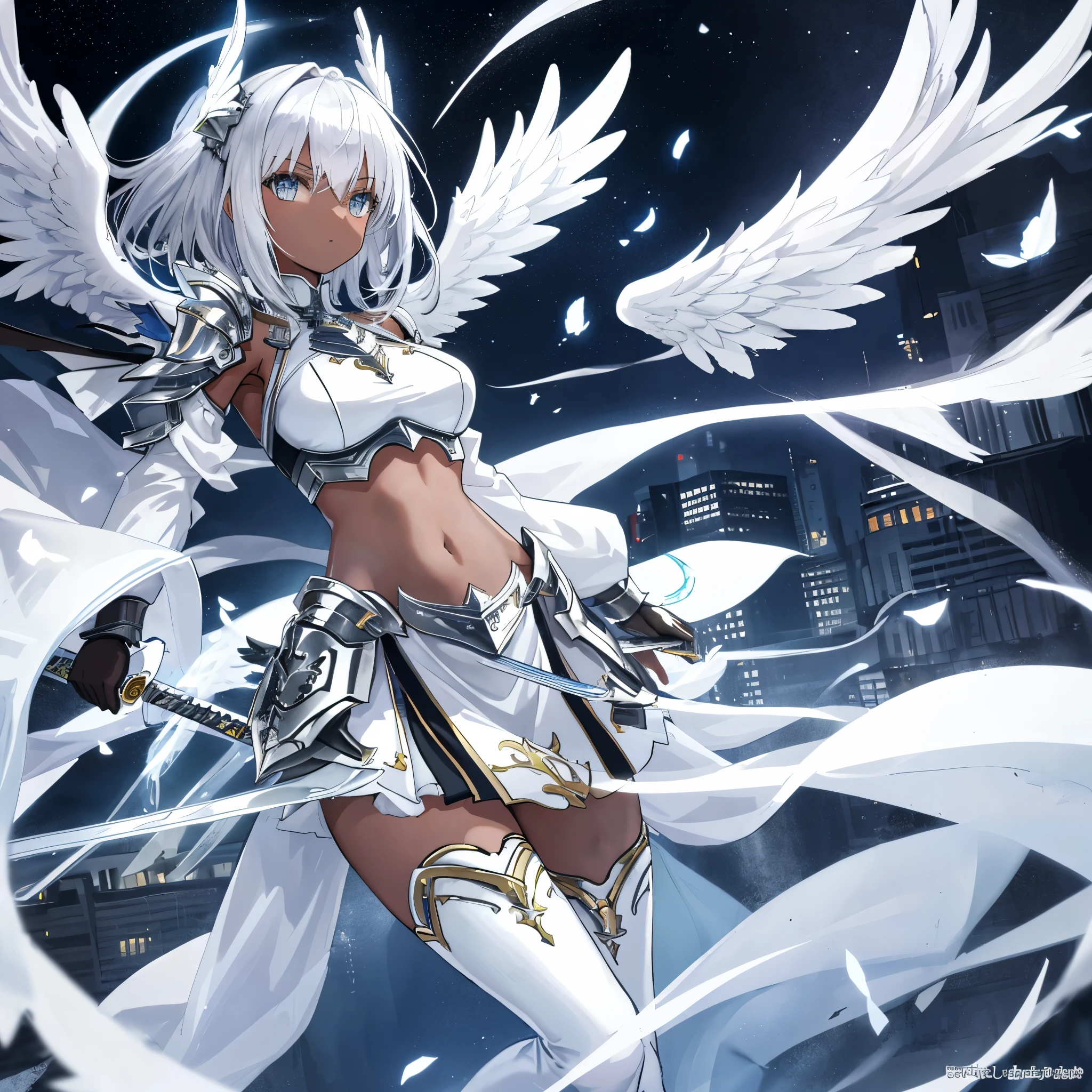 fantasy, 1angel_girl, low_teen, silver_medium_hair,long_bangs, (dark_skin)+, bare_shoulder, navel out, thighhighs,silver_shiny_armor, white_clothes,waist_armor, Glebe, hold_shiny_swords, medium_breasts, dynamic_pose_fighting,Floating, (1pair_white_wings,pelvic_curtain)++, Headgear ,city_sky_background,,slightly_spread_legs, multiple_shiny_swords_floating_around_the_girl