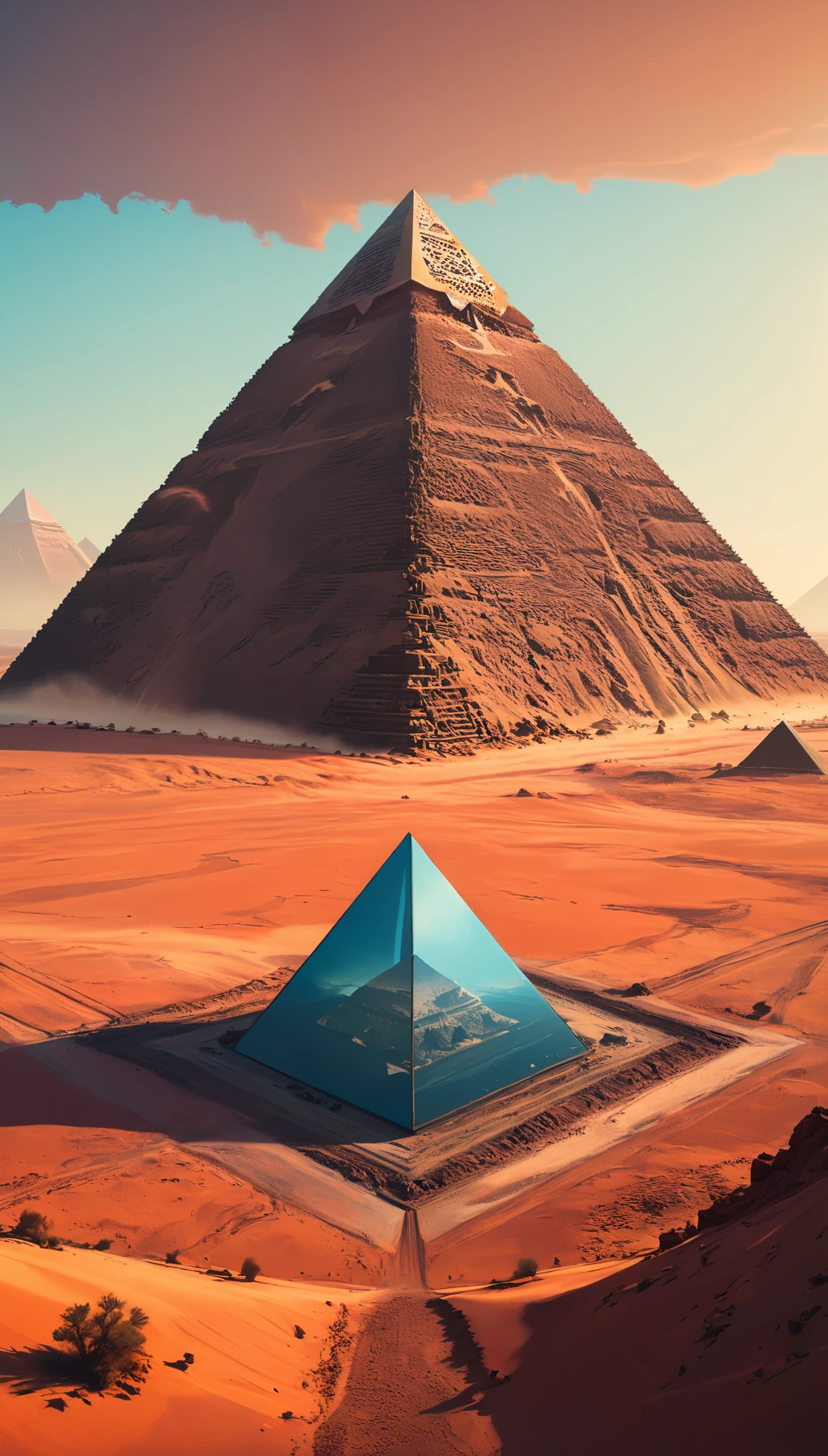 symmetry, Reflection of pyramid in a mirage, high detail, realistic, desert setting, cinematic, mystical vibe, by Simon Stålenhag and Craig Mullins, artstation trend, 4k resolution