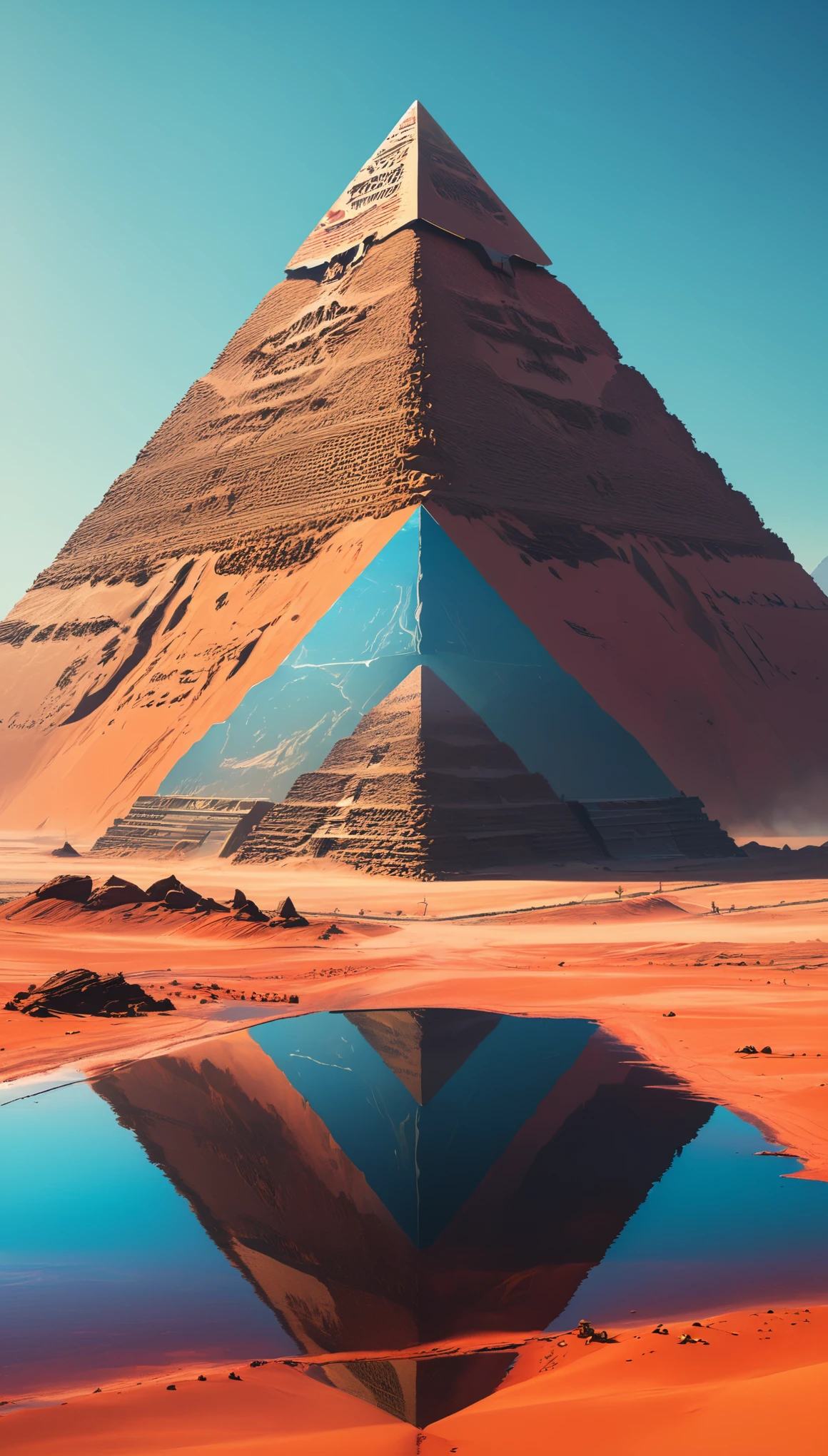 symmetry, Reflection of pyramid in a mirage, high detail, realistic, desert setting, cinematic, mystical vibe, by Simon Stålenhag and Craig Mullins, artstation trend, 4k resolution