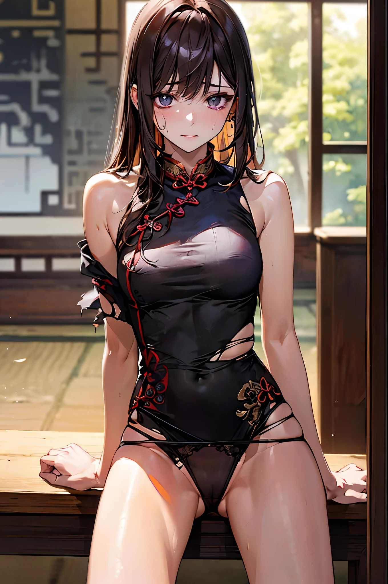 nsfw,(Perfect Anatomy:1.4,top-quality、The ultra -The high-definition、hight resolution、extremely details CG、8K Unit Wallpapers),cowboy shot,portrait,1woman,solo,20 year old beauty,Japanese,((Beautiful detailed eyes)),brown eyes,crying,brown hair,long hair,bangs,sitting, spread legs:1.5,((torn clothes:1.5)),((short black cheongsam dress、no sleeve、deep slit,damp crotch、black panties)),、kung fu dojo、natural sunlight、