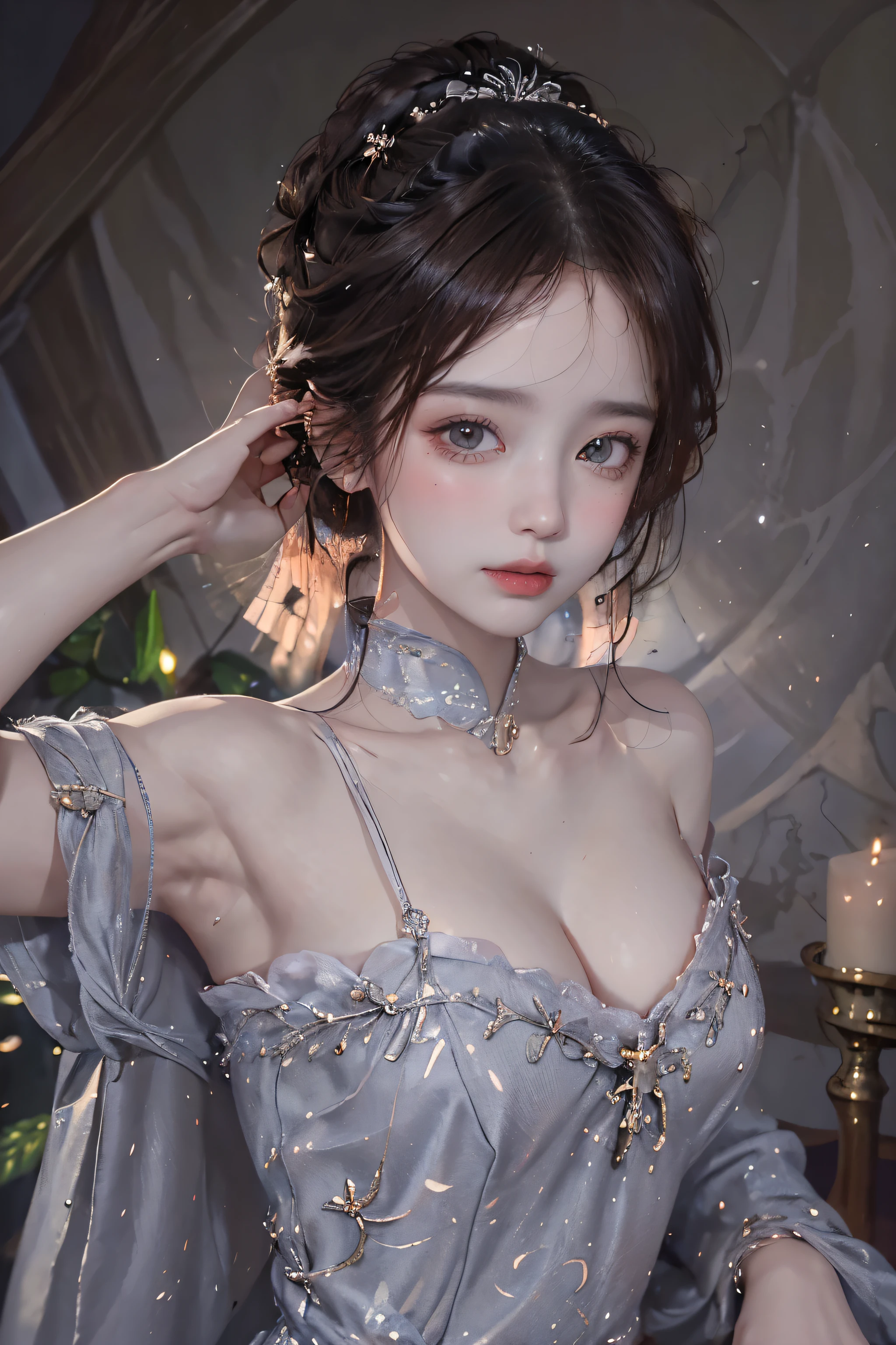 dress, Best quality,Ultra-detailed,Realistic,A high resolution,Portrait,adolescente de ,Ancient costumes with many phoenix designs,visage blanc et rose impeccable,Ornements sur la tête,Cheveux noirs jusqu'to the size,yeux marrons très beaux et nets,red labia minora,Colored lips,Enchanted smile,bijoux portés autour du cou,Anneau de mamelon d'oreille,Dents blanches et uniformes,pont de nez haut,gros seins ronds, jambes fines,chaussettes noires en maille fine,Portrait,the most realistic,highest quality,meilleurs pixels,8k ultra,High level of detail,8k resolution,ultra haute résolution,Une jeune fille, une jolie fille,short detailed hair,Chignon,lipstick,Boucles d'ears to pampilles,collier ras du cou,Yeux noirs clairs,cheveux lisses,clavicule,traits du visage délicats et parfaits, les plus beaux grands yeux,Long cils,The eyes are soft and there are silkworms lying,angle dynamique,quality of'extreme image,The highest accuracy,Accurate and perfect human anatomy,(((Robe professionnelle,Republic of China slim cheongsam,Broderie or cramoisi))),((assis)),Warm scene,ultra haute résolution,Cheveux noirs fluides de style antique chinois ultra-clairs avec un chignon délicat)Par frange,(Cheveux longs et flottants,Avec un chignon:1.3)), vêtements à poitrine ouverte en V royal, Wet body of fine silk fabric, Robe fine en dentelle de soie, (huge ,clivage),, blanc rose, bleu ,best quality,chef-d'artwork,ultra haute résolution,(realism:1.4),Photo RAW,(Véritable texture de peau:1.3),(grain de film:1.3),(Angle de selfie),1 girl with giant tits,Beautiful details of the eyes and face,chef-d'artwork,La best quality au mieux,,The chest more exposed, detailed hair, Bon rose , 8K Detail, haut du corps,,Delicate collarbones,beau maquillage,Caractéristiques du visage exquises et parfaites,,de grands Palatial bed,ornate bed,Flawless makeup,suns rays,Beauty,elicate and refined,Stunning,