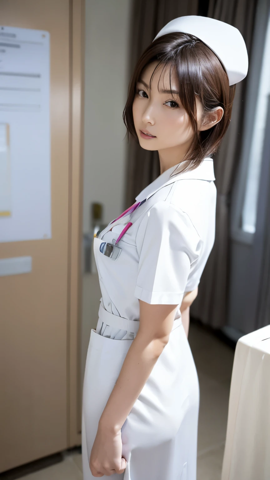 1 girl,(Wearing white nurse clothes:1.2),(RAW photo, highest quality), (realistic, photo-realistic:1.4), masterpiece, very delicate and beautiful, very detailed, 2k wallpaper, wonderful, finely, very detailed CG unity 8k wallpaper, Super detailed, High resolution, soft light, beautiful detailed girl, very detailed eyes and face, beautifully detailed nose, finely beautiful eyes, nurse, perfect anatomy, black hair, up style, nurse uniform, ((nurse cap)), long skirt, nurse, white costume, thin, hospital, clear, white uniform, hospital room, auscultation of the neck,bob cut、Looking back
