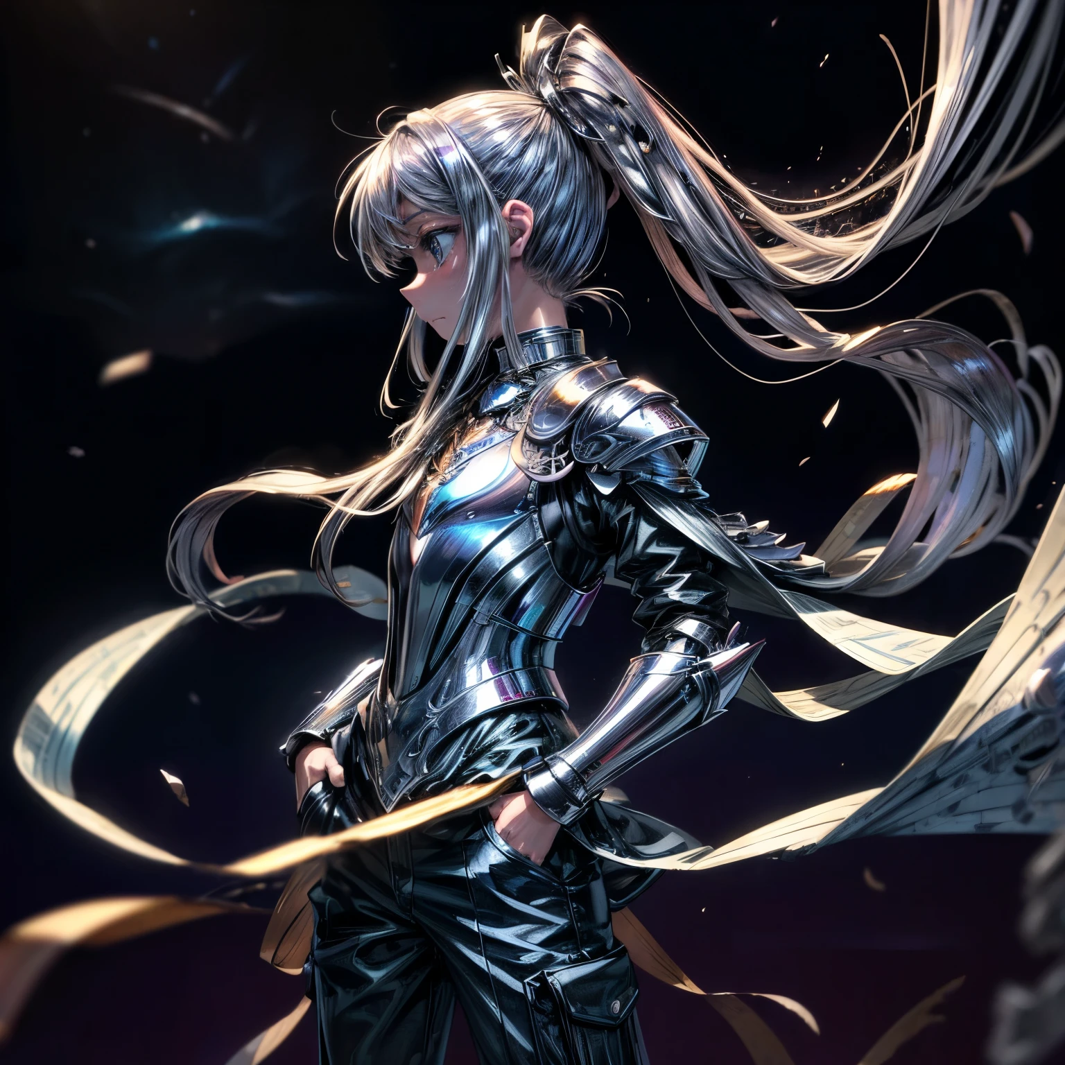 ((masterpiece、highest quality、Super fine、High resolution))、Nyaruko、solo、beautiful girl、blue eyes、15 years old、white skin、silver long hair、metal armor、universe、Keep your hands in your pants pockets、Chest does not move、Turn your back、profile、