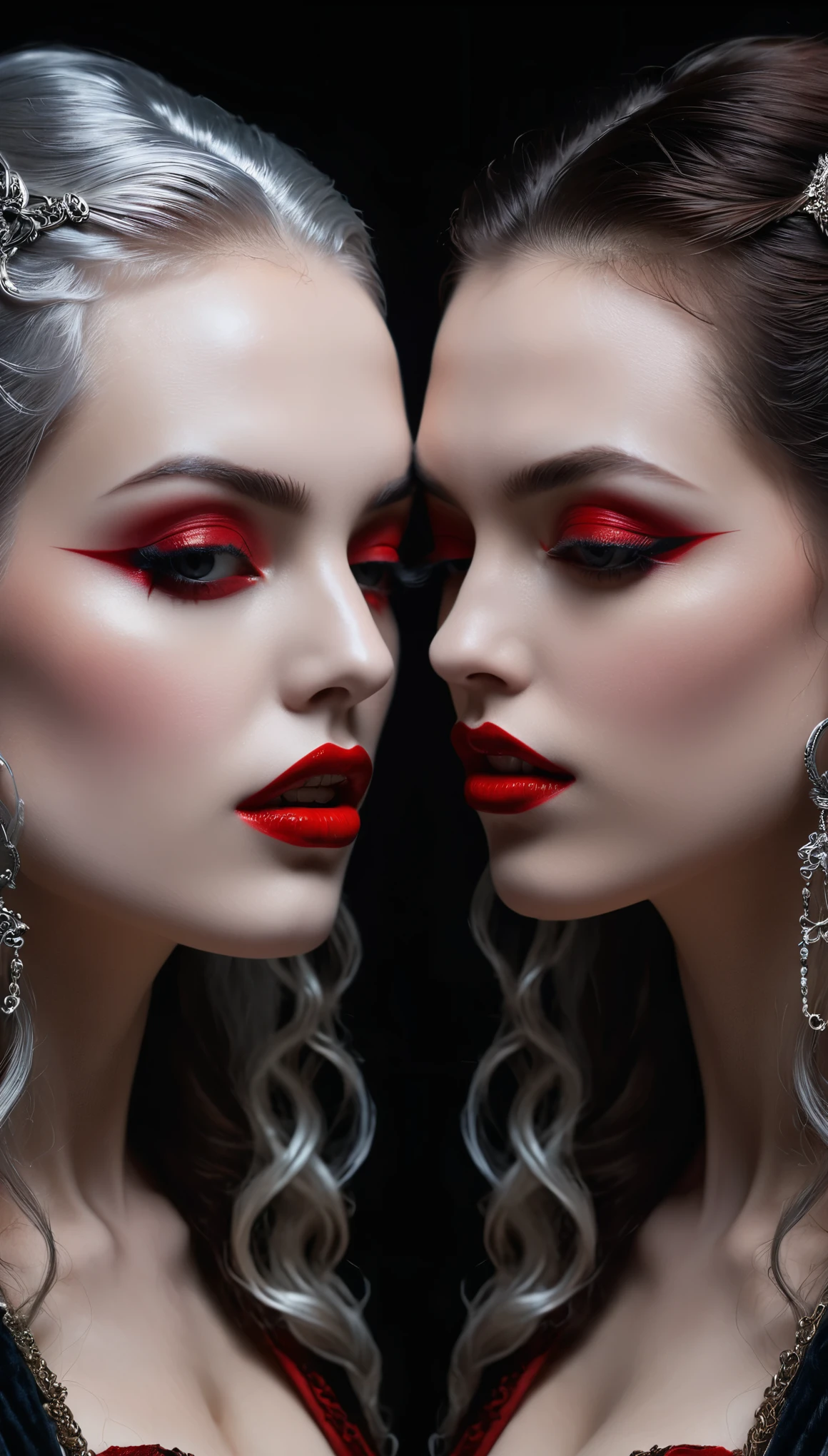 symmetry,Vampire and human side by side (best quality,4k,8k,highres,masterpiece:1.2),ultra-detailed,(realistic,photorealistic,photo-realistic:1.37),classic painting,historical,gothic architecture,dark background,contrasting colors,soft lighting,sharp focus,twilight atmosphere,ethereal beauty,vivid red lips,porcelain skin,powerful gaze,vampire fangs,silver jewelry,flowing hair,symmetrical composition,imposing presence,subtle reflection,haunting expressions,delicate brushstrokes,stunning realism,harmonious juxtaposition,balance between light and shadow,transcendent atmosphere,unwavering confidence,shared space,parallel worlds intertwined,magic and reality merged,never-ending connection,unconventional relationship,semblance of peace in chaos,unveiling the unknown,unbreakable bond,hidden desires,dual nature.