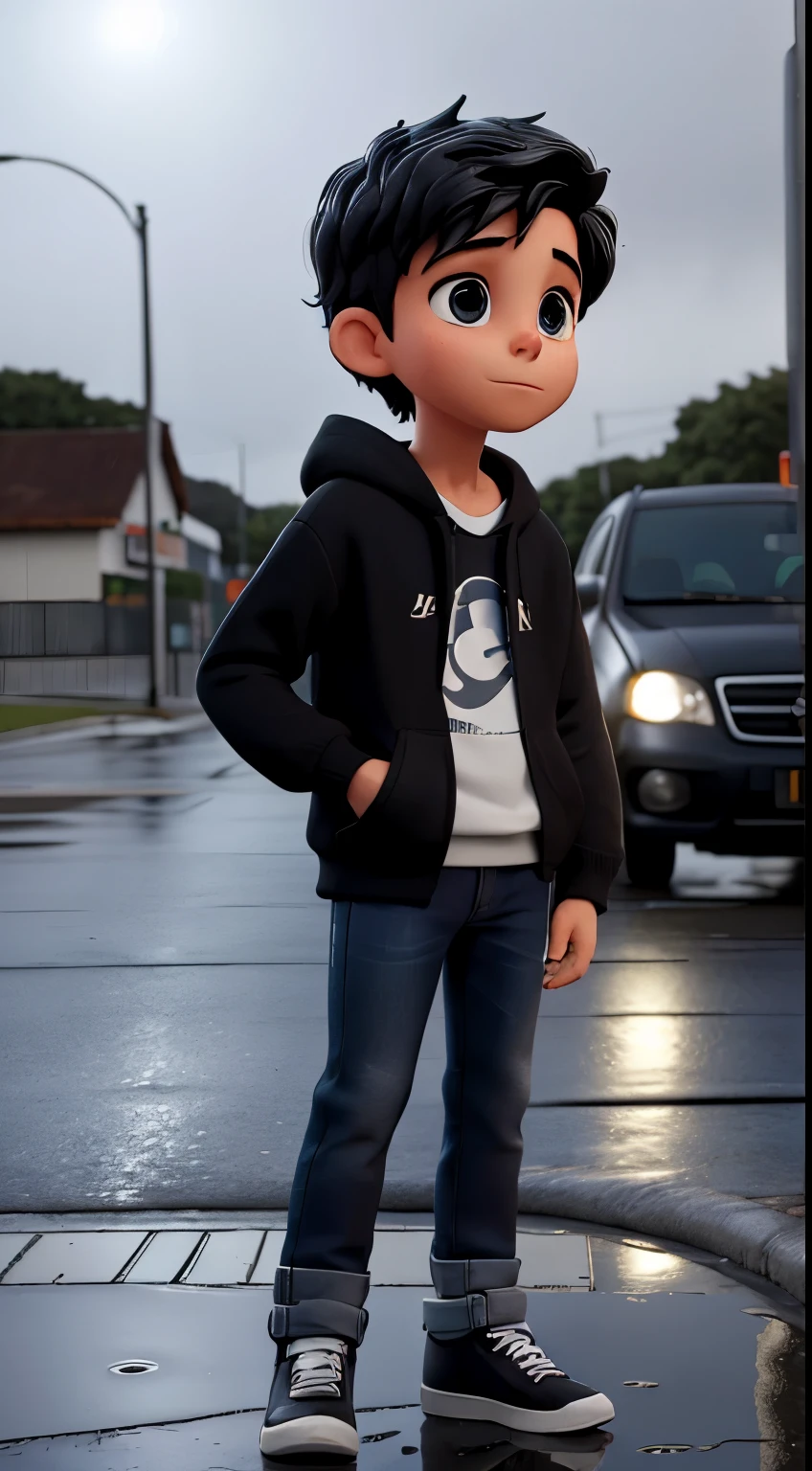 Descreva a cena de um jovem com capuz, wearing a black sweatshirt and jeans, white shirt with letter 'F' standing on the sidewalk on a rainy night, Your admiration visible in your eyes. The light from the headlights reflects on the puddles of water around you, enquanto a chuva cai suavemente sobre ele. O som do motor potente ecoa no ar, misturando-se ao som da chuva. The boy remains motionless, captured by the elegance and speed of the car, dreaming of the day when you can be behind the wheel of such an impressive machine.