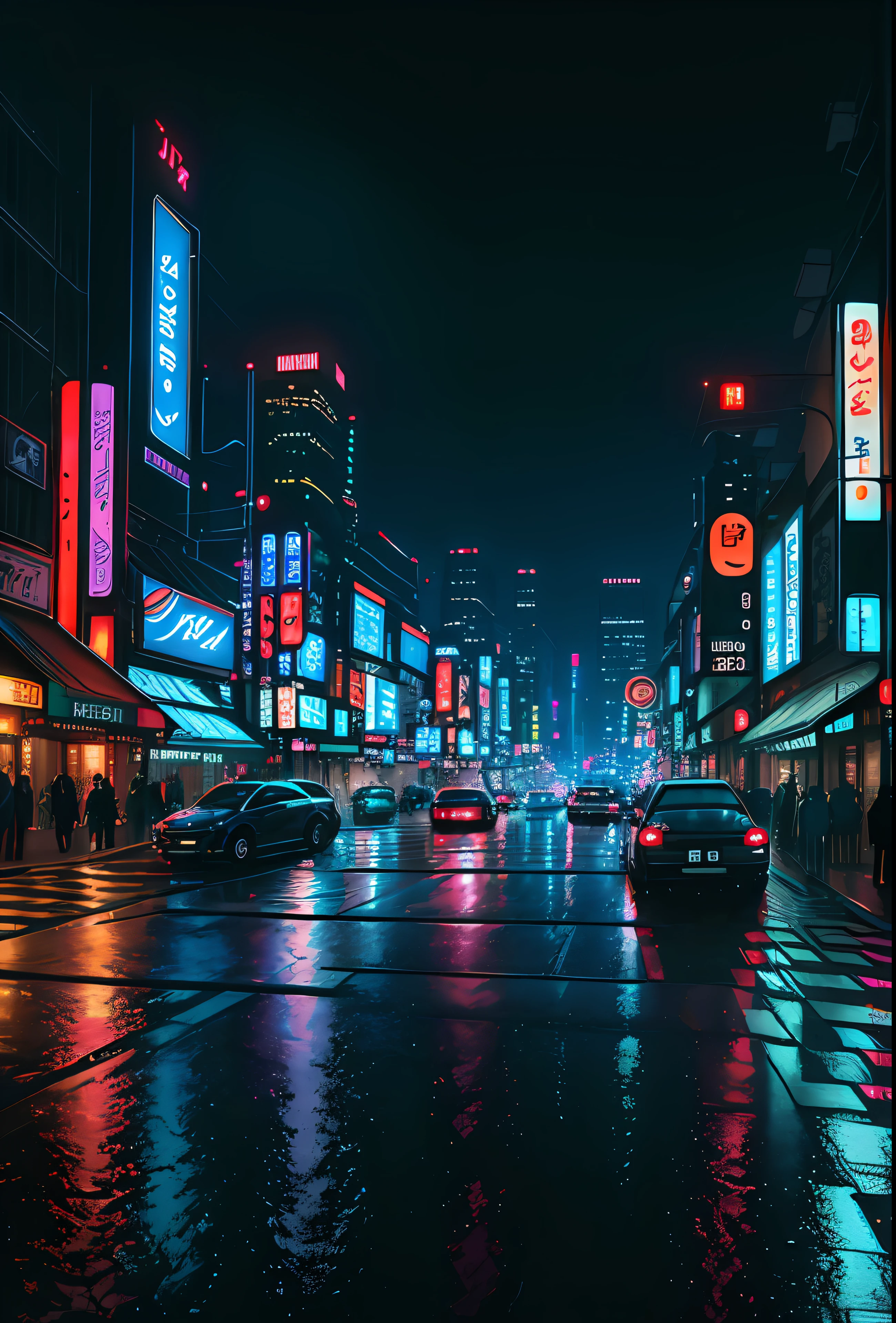 ((best quality)), ((Meisterwerk)), ((ultra Realistisch)), ((Nachtzeit)), majestically detailed soft oil painting by Jim Lee, beautiful neon cyberpunk Tokyo, Reflexionen, regnet, crowded sci-fi city street, Futuristische Autos, Nachtzeit, metallic, Neon-Randbeleuchtung, Menschen, Regenschirme, Fachmann, Wolkenkratzer, tiefe Schatten, Meisterwerk, Realistisch, Rauheit, ultra Realistisch, fotografiert mit einer Canon EOS R5, 50mm lens, F/2.8, hdr, 8k resolution, highres, Hohe Detailgenauigkeit, scharfer Fokus, glatt, Rauheit, wahres Leben, Fotorealismus, Fotografie, 8k uhd,