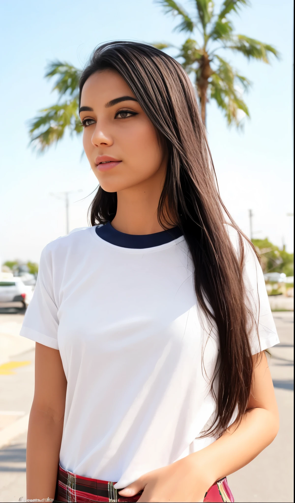 There's a woman on the street, vestido com uma camiseta branca, Topo branco, Vestida com uma camiseta branca, 2 modelo feminino de 4 anos, cerveja madison, camiseta branca, vestido com camisa branca