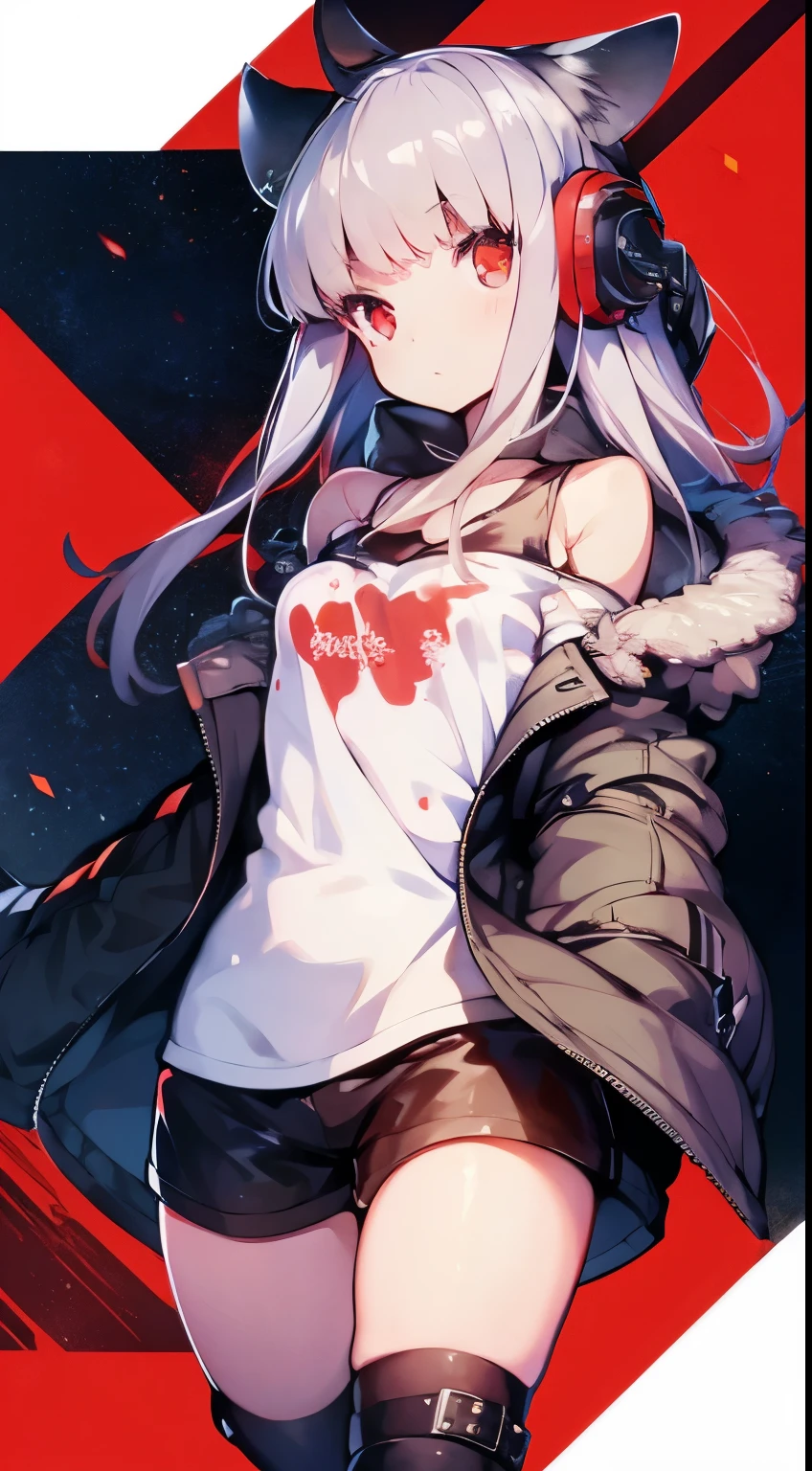 table top, highest quality, High resolution,
1 girl, futaba sakura, sharp bangs, silver hair, red eyes, Ahoge, small breasts,
headphones, behind-the-head headphones, white shirt, Jacket, off shoulder, fur trim, ファートリムJacket,  緑のJacket, shorts, thighs thighs thighs, Knee-high boots,White fox ears，have a rifle，
 cowboy shot,golden hour,An illustration