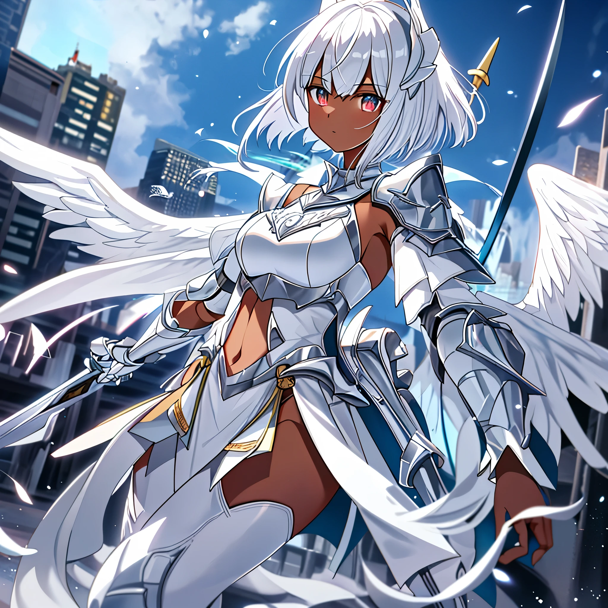 fantasy, 1angel_girl, low_, white_medium_bob_hair,long_bangs, (dark_skin)+, bare_shoulder, navel out, thighhighs,silver_shiny_armor, white_clothes,waist_armor, Glebe, hold_shiny_swords, medium_breasts,, dynamic_pose_fighting,Floating, (1pair_white_wings,pelvic_curtain)++, Headgear ,city_sky_background,,slightly_spread_legs, multiple_shiny_swords_floating_around_the_girl