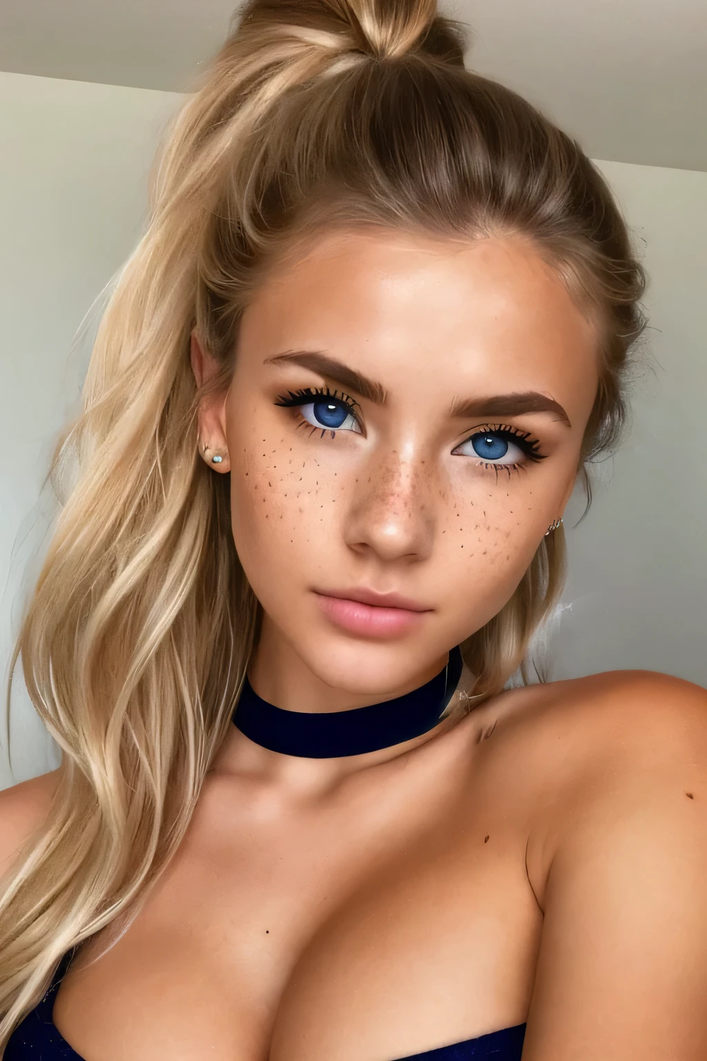 half-length photo of a beautiful girl in her 18s, a Natblonde, hair tied up, hair parted, (looking shy: 1.3), freckles, detailed face, detailed skin, nice body, big round blue eyes, black eyeliner, lips sensual, suggestive pose