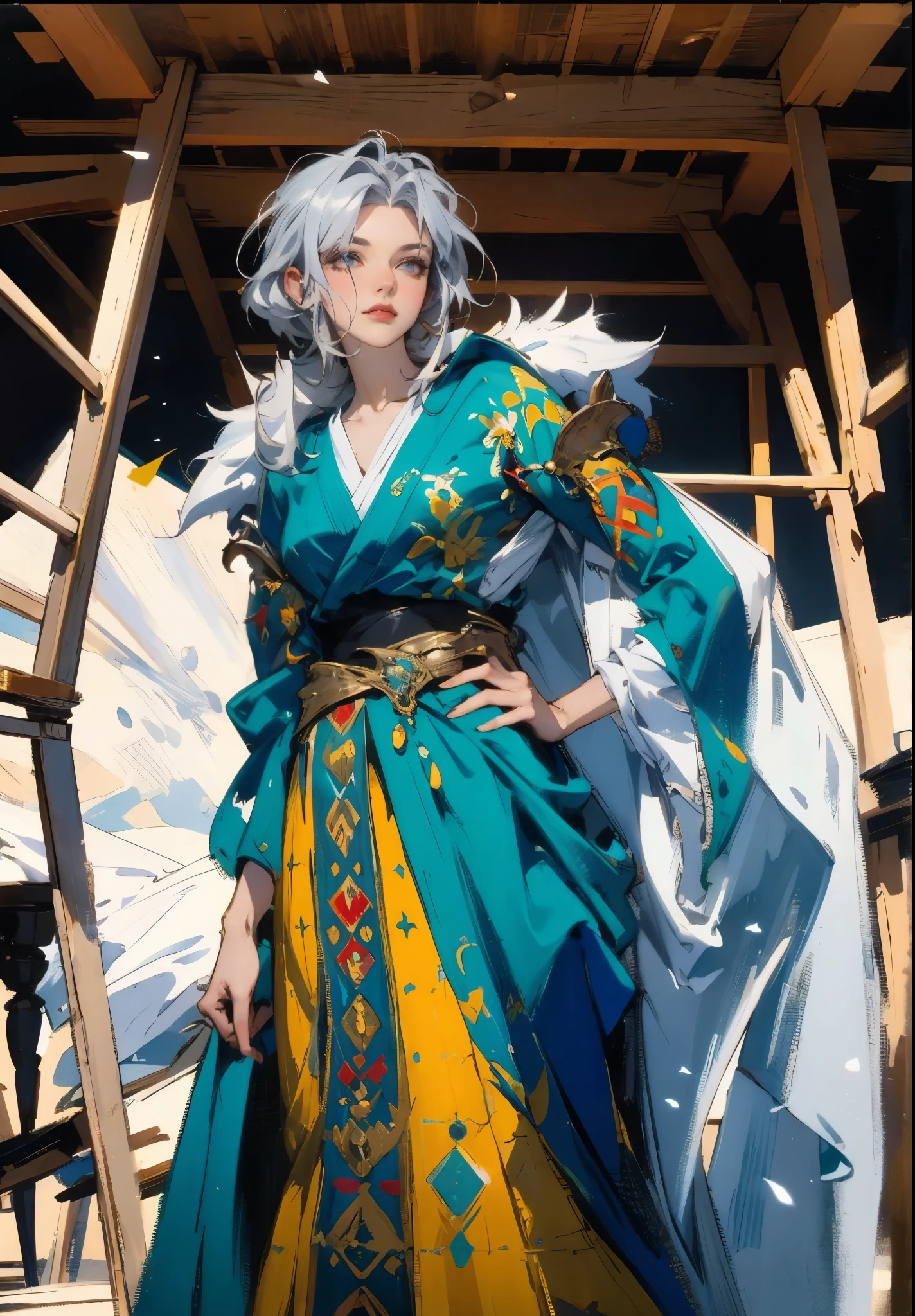 A woman with short silver-gray hair, thick bangs covering the right half of her face, delicate features, a serene expression, a simple floor-length gray-blue robe, with a thick white fur coat worn over it, long sleeves patterned like animal skeletons, standing amidst the falling snow of the mountains, this character embodies a finely crafted fantasy martial arts-style female cultivator in anime style, exquisite and mature manga art style, high definition, best quality, highres, ultra-detailed, ultra-fine painting, extremely delicate, professional, anatomically correct, symmetrical face, extremely detailed eyes and face, high quality eyes, creativity, RAW photo, UHD, 32k, Natural light, cinematic lighting, masterpiece-anatomy-perfect, masterpiece:1.5