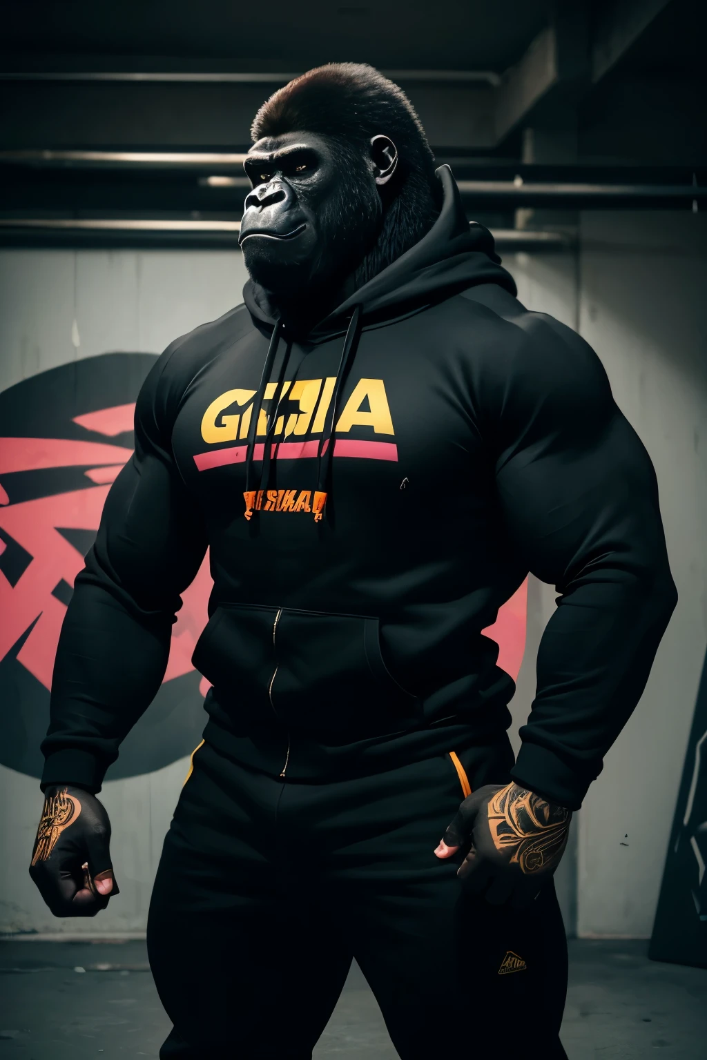 Produce an image portraying a gorilla dressed in an all-black hoodie. Surrounding the gorilla, visualize either a shattered wall or vibrant graffiti in stunning 4K UHD detail. Capture the essence of this gym master gorilla, exuding unparalleled strength and fitness.