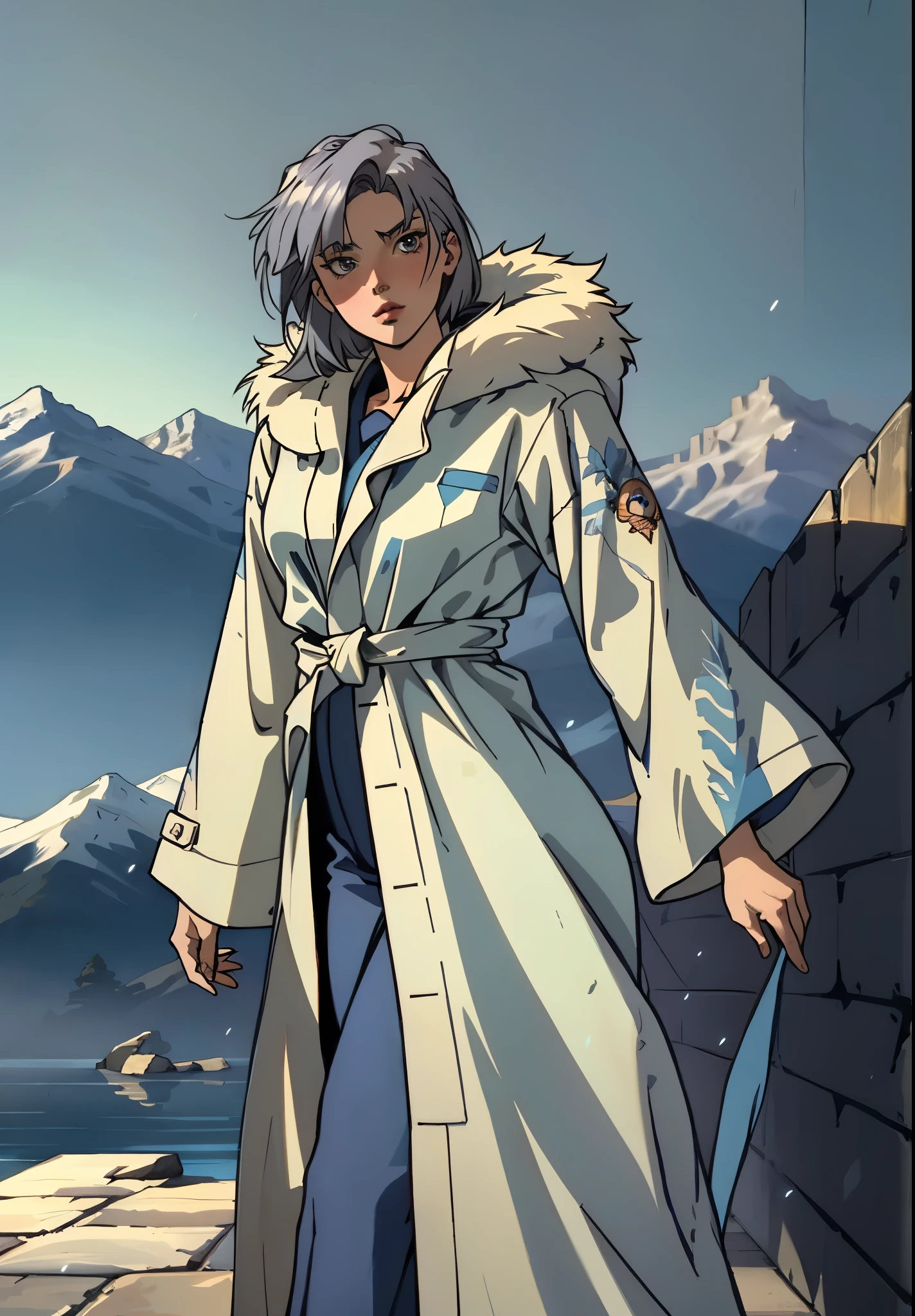 A woman with short silver-gray hair, thick bangs covering the right half of her face, delicate features, a serene expression, a simple floor-length gray-blue robe, with a thick white fur coat worn over it, long sleeves patterned like animal skeletons, standing amidst the falling snow of the mountains, this character embodies a finely crafted fantasy martial arts-style female cultivator in anime style, exquisite and mature manga art style, high definition, best quality, highres, ultra-detailed, ultra-fine painting, extremely delicate, professional, anatomically correct, symmetrical face, extremely detailed eyes and face, high quality eyes, creativity, RAW photo, UHD, 32k, Natural light, cinematic lighting, masterpiece-anatomy-perfect, masterpiece:1.5