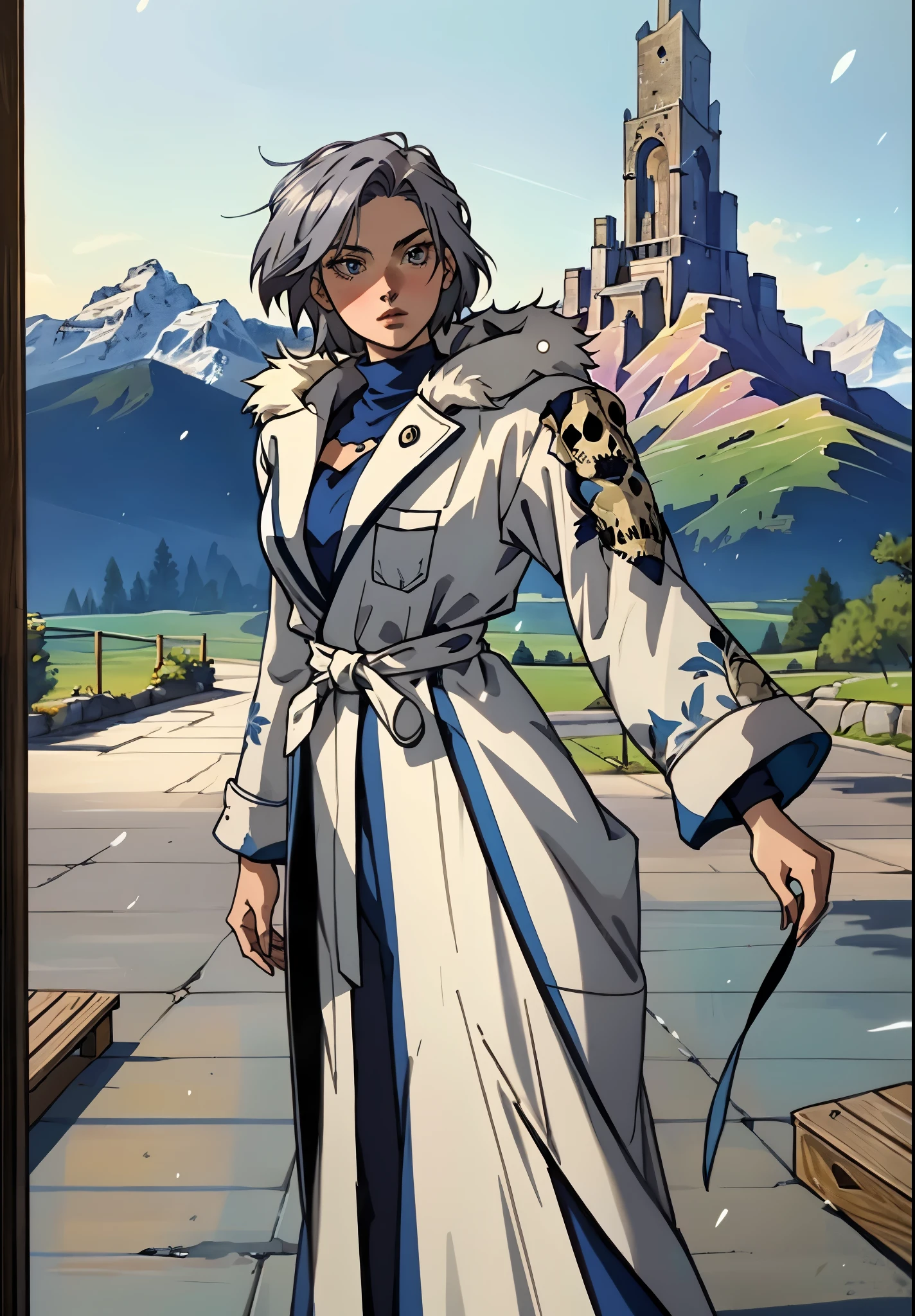 A woman with short silver-gray hair, thick bangs covering the right half of her face, delicate features, a serene expression, a simple floor-length gray-blue robe, with a thick white fur coat worn over it, long sleeves patterned like animal skeletons, standing amidst the falling snow of the mountains, this character embodies a finely crafted fantasy martial arts-style female cultivator in anime style, exquisite and mature manga art style, high definition, best quality, highres, ultra-detailed, ultra-fine painting, extremely delicate, professional, anatomically correct, symmetrical face, extremely detailed eyes and face, high quality eyes, creativity, RAW photo, UHD, 32k, Natural light, cinematic lighting, masterpiece-anatomy-perfect, masterpiece:1.5