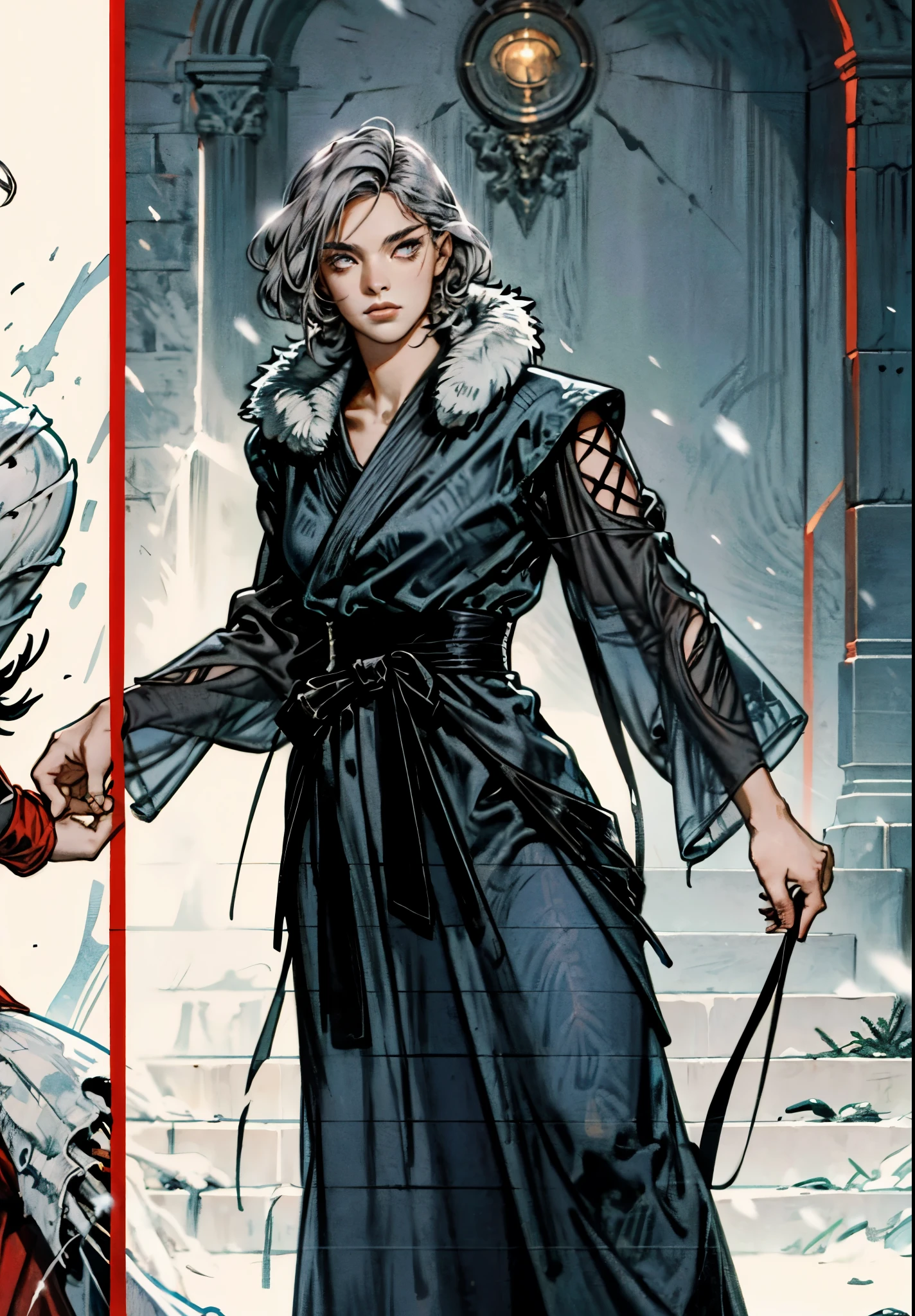 A woman with short silver-gray hair, thick bangs covering the right half of her face, delicate features, a serene expression, a simple floor-length gray-blue robe, with a thick white fur coat worn over it, long sleeves patterned like animal skeletons, standing amidst the falling snow of the mountains, this character embodies a finely crafted fantasy martial arts-style female cultivator in anime style, exquisite and mature manga art style, high definition, best quality, highres, ultra-detailed, ultra-fine painting, extremely delicate, professional, anatomically correct, symmetrical face, extremely detailed eyes and face, high quality eyes, creativity, RAW photo, UHD, 32k, Natural light, cinematic lighting, masterpiece-anatomy-perfect, masterpiece:1.5