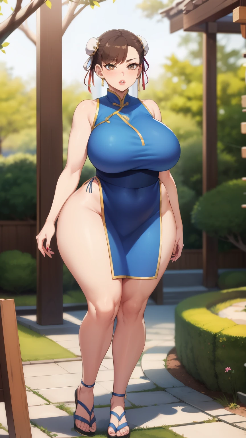 Chunli, 1 girl, ((slut))), perfect face, perfect eyes, looking at the viewer, short hair, brown hair, plump lips, thick lips, wide hips, thick thighs, The face of longing desire, mature mom, looking at the viewer, brown eyes, outdoors, Japanese garden, blue cheongsam, snug, bare shoulders, Thigh height full body shot, well-trained legs