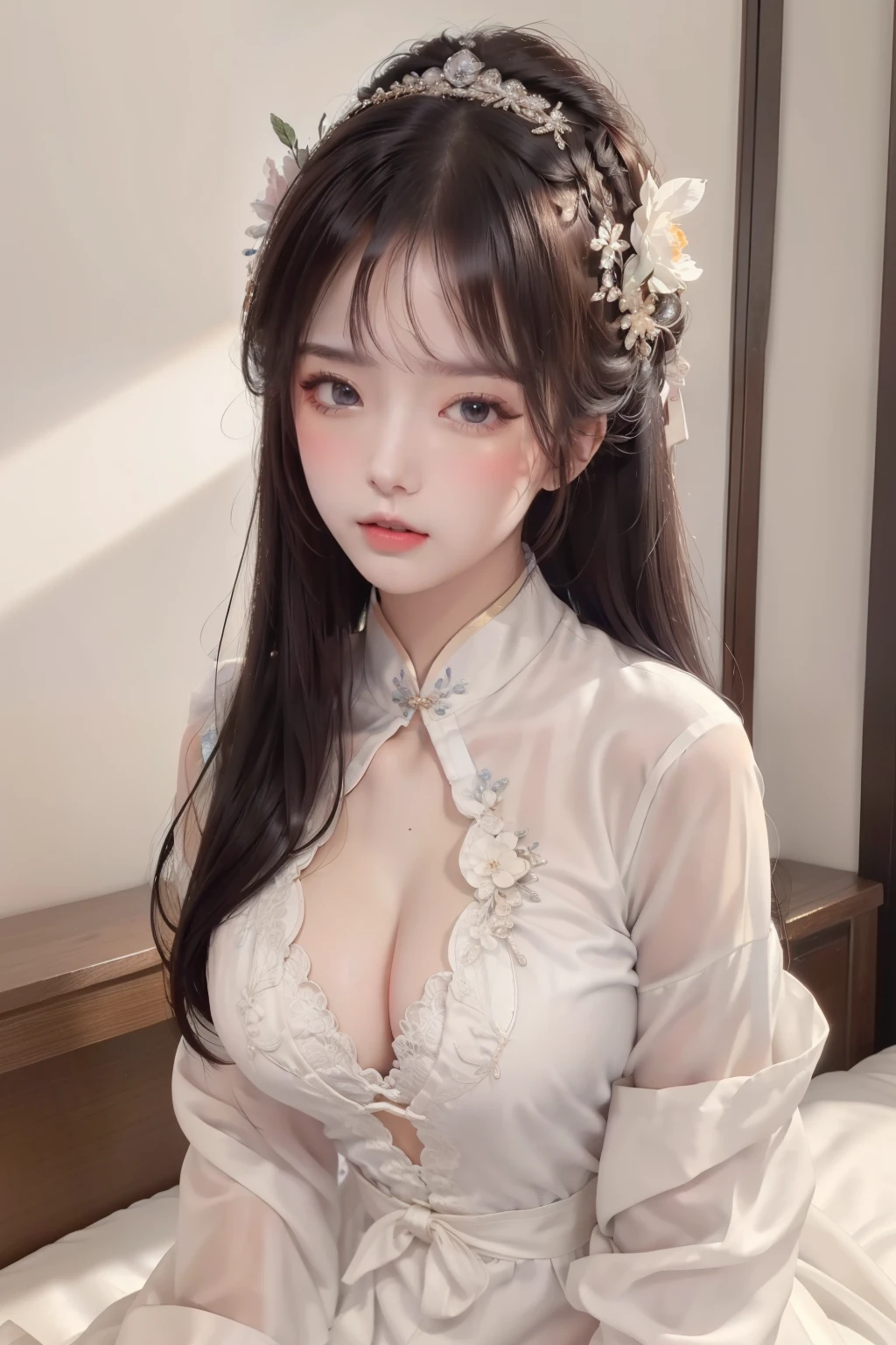 adolescente de 10 ans,Ancient costumes with many phoenix designs,visage blanc et rose impeccable,Ornements sur la tête,Cheveux noirs jusqu'to the size,yeux marrons très beaux et nets,red labia minora,Colored lips,Enchanted smile,bijoux portés autour du cou,Anneau de mamelon d'oreille,Dents blanches et uniformes,pont de nez haut,gros seins ronds, jambes fines,chaussettes noires en maille fine,Portrait,the most realistic,highest quality,meilleurs pixels,8k ultra,High level of detail,8k resolution,ultra haute résolution,Une jeune fille, une jolie fille,short detailed hair,Chignon,lipstick,Boucles d'ears to pampilles,collier ras du cou,Yeux noirs clairs,cheveux lisses,clavicule,traits du visage délicats et parfaits, les plus beaux grands yeux,Long cils,The eyes are soft and there are silkworms lying,angle dynamique,quality of'extreme image,The highest accuracy,Accurate and perfect human anatomy,(((Robe professionnelle,Republic of China slim cheongsam,Broderie or cramoisi))),((assis)),Warm scene,ultra haute résolution,Cheveux noirs fluides de style antique chinois ultra-clairs avec un chignon délicat)Par frange,(Cheveux longs et flottants,Avec un chignon:1.3)), vêtements à poitrine ouverte en V royal, Wet body of fine silk fabric, Robe fine en dentelle de soie, (huge ,clivage),, blanc rose, bleu ,best quality,chef-d'artwork,ultra haute résolution,(realism:1.4),Photo RAW,(Véritable texture de peau:1.3),(grain de film:1.3),(Angle de selfie),1 girl with giant tits,Beautiful details of the eyes and face,chef-d'artwork,La best quality au mieux,,The chest more exposed, detailed hair, Bon rose , 8K Detail, haut du corps,,Delicate collarbones,beau maquillage,Caractéristiques du visage exquises et parfaites,,de grands yeux larmoyants,Ver à soie couché,Long cils,The eyes are soft and have eye shadow,taille fine,Ne montre pas tes mains,,lipstick,Blushlush,