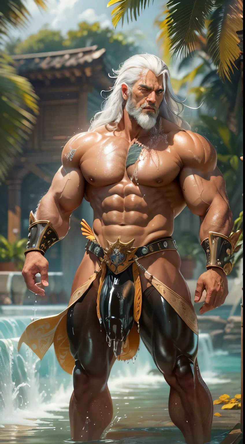 (extremely detailed CG unity 8k wallpaper, masterpiece, best quality, ultra-detailed), best lighting, best shadow (very strong, giant, muscular God Poseidon wearing battle armor), kind expression, wearing a white thong, wearing battle armor, latex, squatting at the edge of a pool, legs open, topical paradise, gushing water, volumetric lighting, big bulging crotch, full body visible, old warrior, detailed face, warm smile, battle scars, glowing eyes, long white hair flowing in the breeze, tropical flowers, Florida, dripping wet cock, dripping wet body, looking up at me, wet dripping crotch, tan skin, oiled up muscles, dark body hair, very hairybody, hairy chest, manly man in latex,