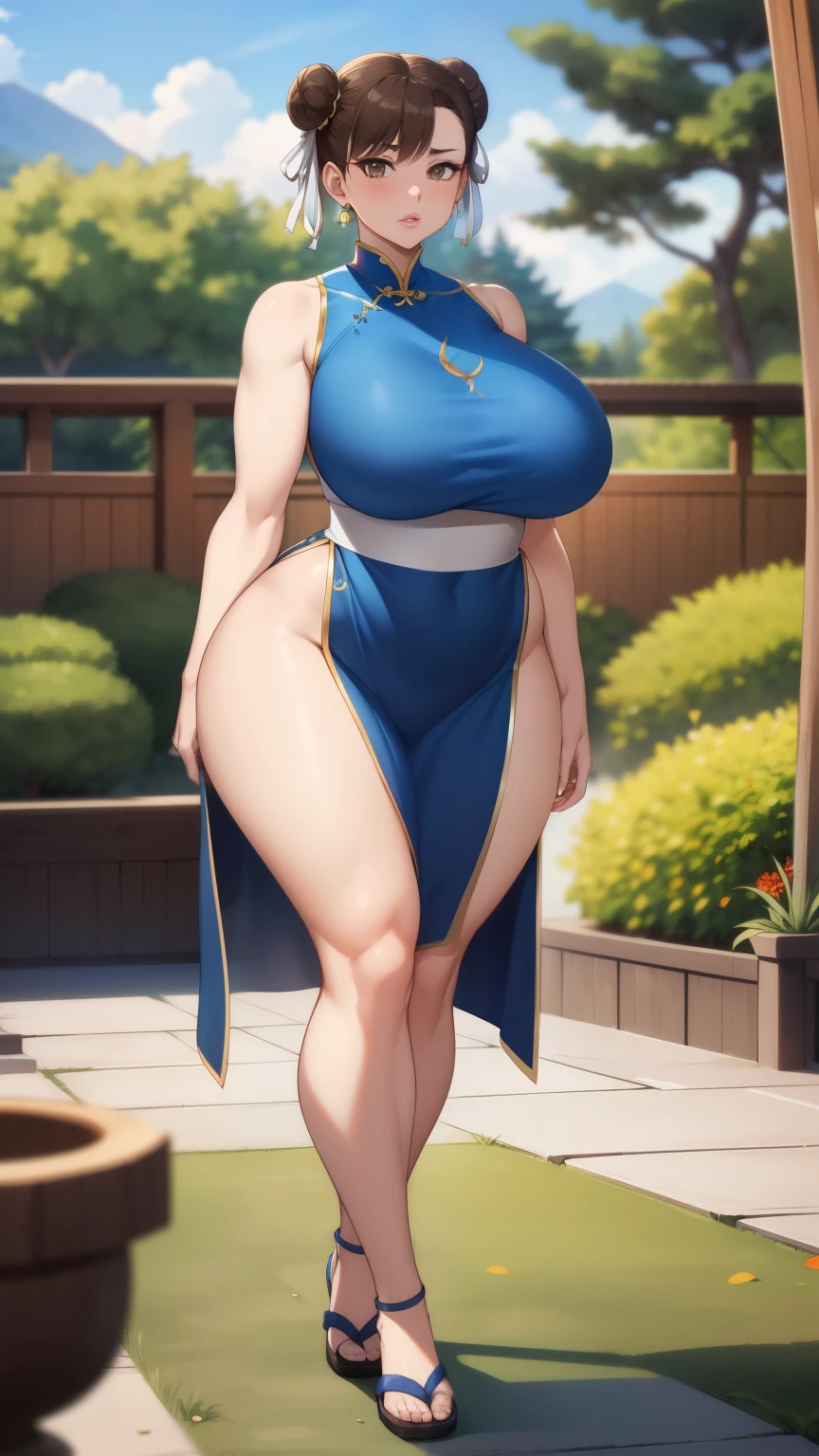 Chunli, 1 girl, ((slut))), perfect face, perfect eyes, looking at the viewer, short hair, brown hair, plump lips, thick lips, wide hips, thick thighs, The face of longing desire, mature mom, looking at the viewer, brown eyes, outdoors, Japanese garden, blue cheongsam, snug, bare shoulders, Thigh height full body shot, well-trained legs