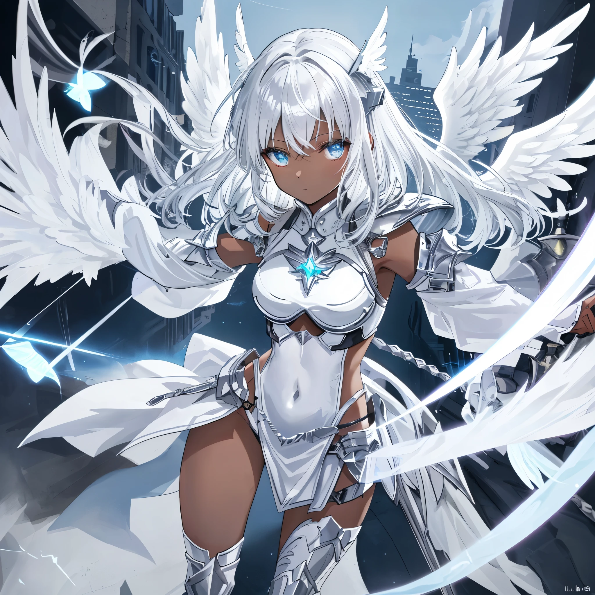 fantasy, 1angel_girl, low_teen, silver_medium_hair,long_bangs, (dark_skin)+, bare_shoulder, navel out, thighhighs,silver_shiny_armor, white_clothes,waist_armor, Glebe, hold_shiny_swords, medium_breasts, dynamic_pose_fighting,Floating, (1pair_white_wings,pelvic_curtain)++, Headgear ,city_sky_background,,slightly_spread_legs, multiple_shiny_swords_floating_around_the_girl