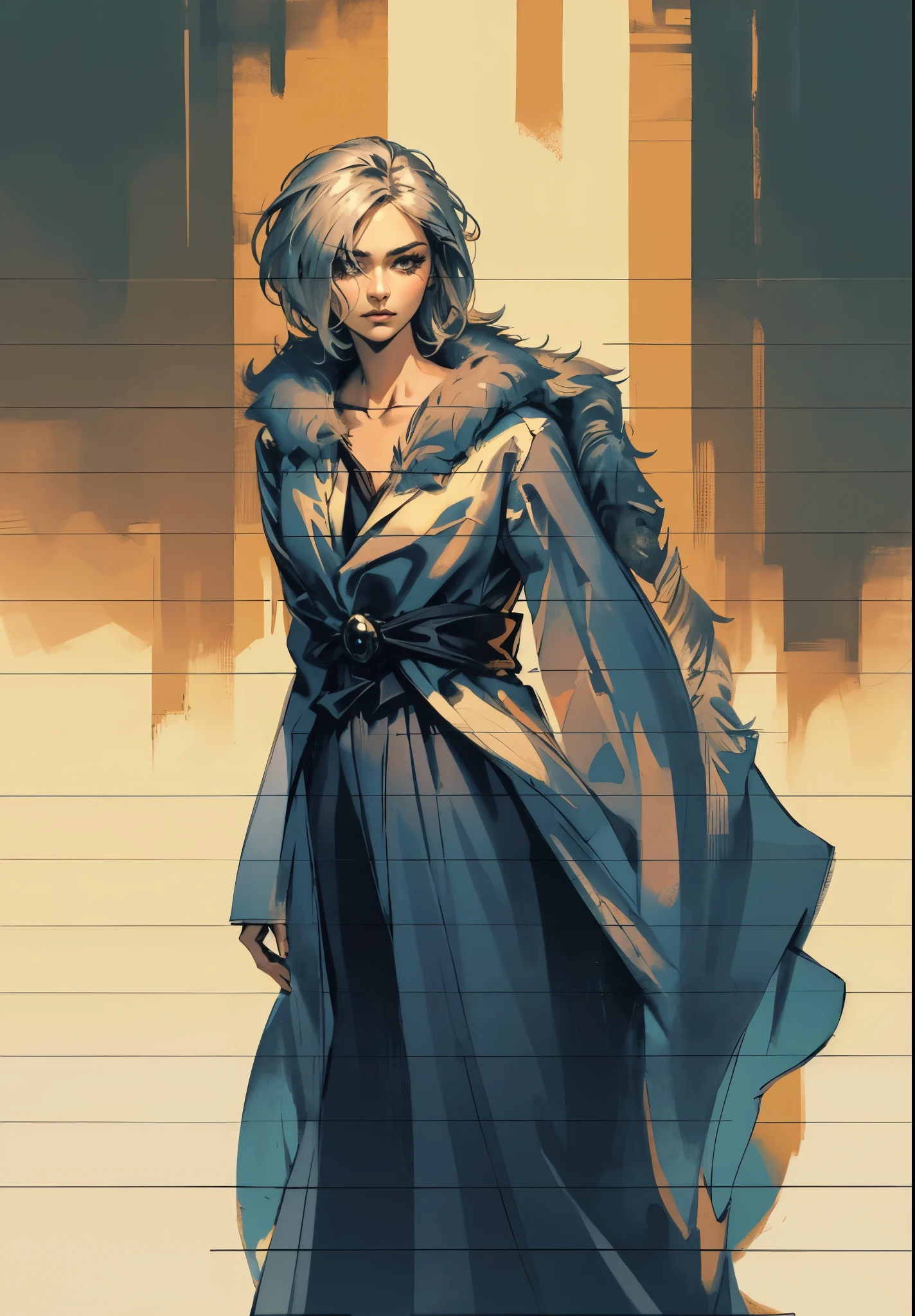 A woman with short silver-gray hair, thick bangs covering the right half of her face, delicate features, a serene expression, a simple floor-length gray-blue robe, with a thick white fur coat worn over it, long sleeves patterned like animal skeletons, standing amidst the falling snow of the mountains, this character embodies a finely crafted fantasy martial arts-style female cultivator in anime style, exquisite and mature manga art style, high definition, best quality, highres, ultra-detailed, ultra-fine painting, extremely delicate, professional, anatomically correct, symmetrical face, extremely detailed eyes and face, high quality eyes, creativity, RAW photo, UHD, 32k, Natural light, cinematic lighting, masterpiece-anatomy-perfect, masterpiece:1.5