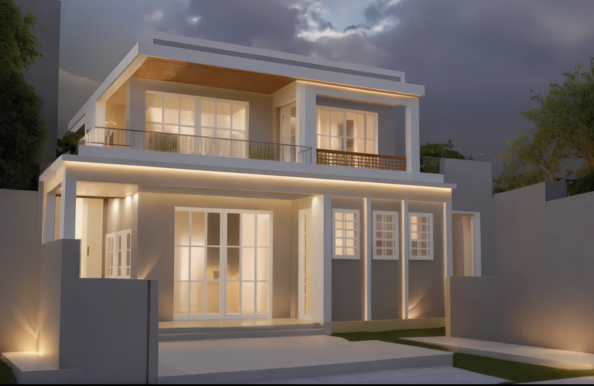 The two-story house, adorned in soft shades of grey and white, stands amidst a serene garden. As evening falls, warm light illuminates the pathway and porch, while lanterns cast a soft glow on the garden. Inside, minimalist decor and soft lighting create a sense of tranquility. It's a harmonious blend of elegant design and natural beauty, offering a peaceful retreat from the outside world.
complete house, detailed render, residential design, professional render, building facing, contemporary house, high detail render, pre-rendered, fully detailed render, d render, overall architectural design, clean render, realistic render, high render, detailed rendering