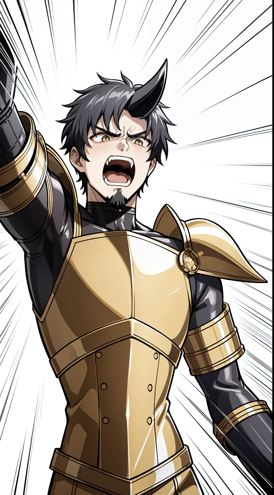 1boy,20 years old,black horn,short hair,black hair,goatee,(golden armor),(white background,line drawing),angry,action pose,open mouth,attacking,reaching out,upper body,running