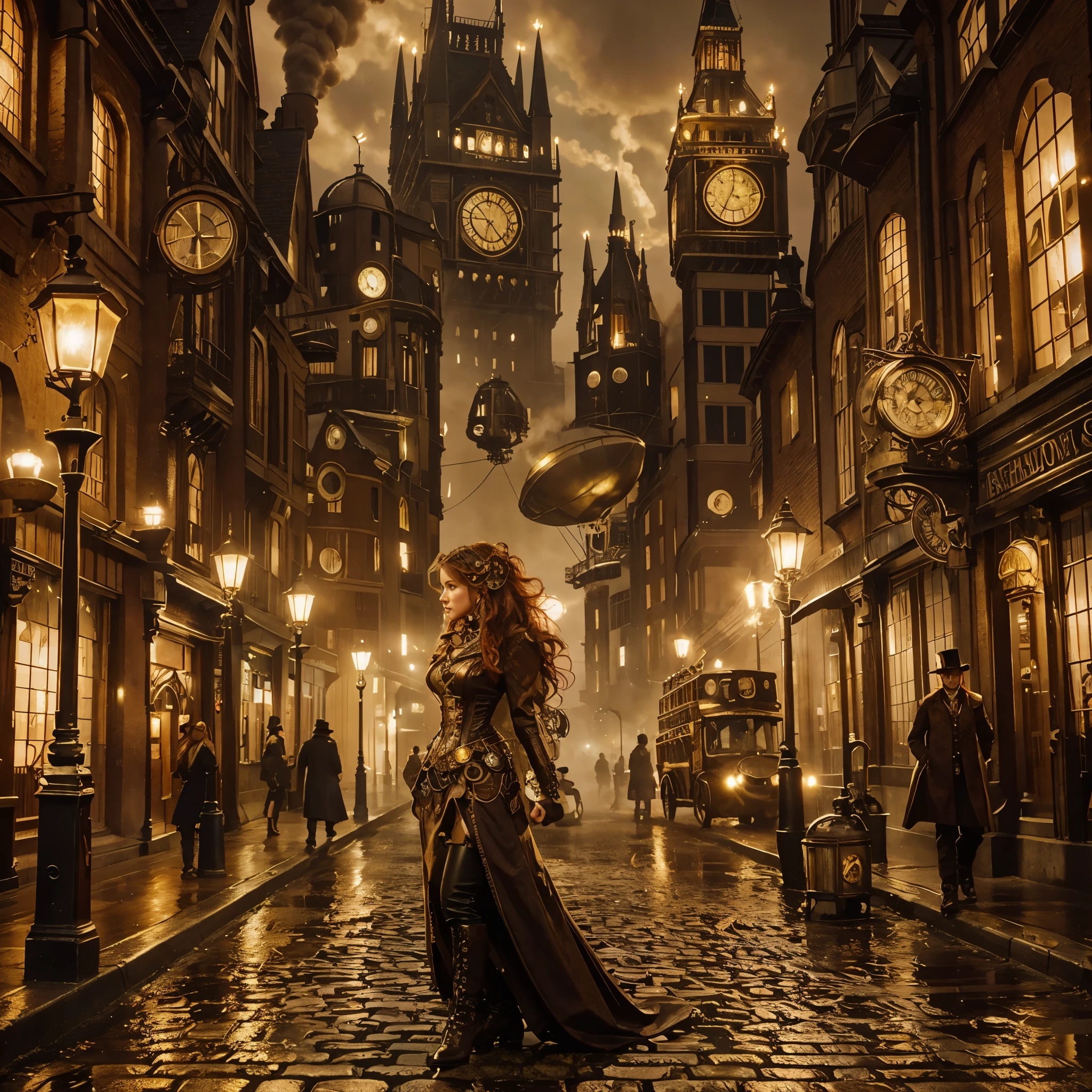 London street in the late 1800s, but with a steampunk twist. Think towering clockwork buildings with smokestacks puffing out steam, gaslight lamps casting an orange glow, and airships gliding silently overhead. Cobblestones slick with rain reflect the gaslight and bustling activity. Character: A beautiful woman with an air of confidence and purpose. Describe her distinct features and steampunk attire. Here are some options: Crimson hair cascading down her shoulders, adorned with gears and a miniature brass monocle perched on one eye. Dressed in a long, flowing coat of worn leather, accented with polished brass buckles and intricate clockwork patterns woven into the fabric. Goggles rest on her forehead, and sturdy riding boots with built-in steam pistons propel her bicycle