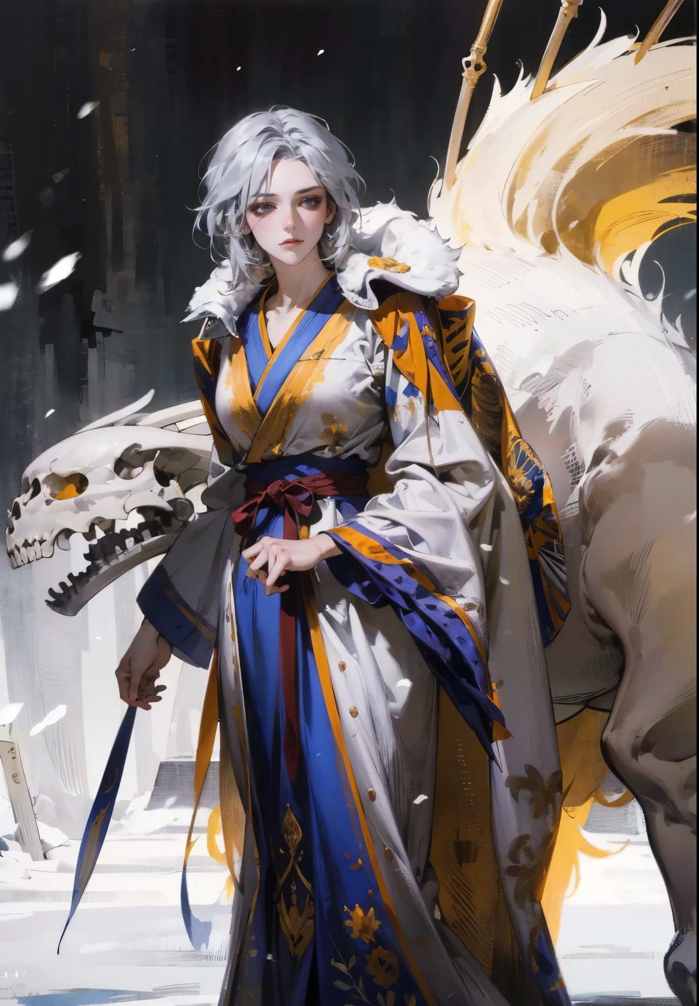 A woman with short silver-gray hair, thick bangs covering the right half of her face, delicate features, a serene expression, a simple floor-length gray-blue robe, with a thick white fur coat worn over it, long sleeves patterned like animal skeletons, standing amidst the falling snow of the mountains, this character embodies a finely crafted fantasy martial arts-style female cultivator in anime style, exquisite and mature manga art style, high definition, best quality, highres, ultra-detailed, ultra-fine painting, extremely delicate, professional, anatomically correct, symmetrical face, extremely detailed eyes and face, high quality eyes, creativity, RAW photo, UHD, 32k, Natural light, cinematic lighting, masterpiece-anatomy-perfect, masterpiece:1.5