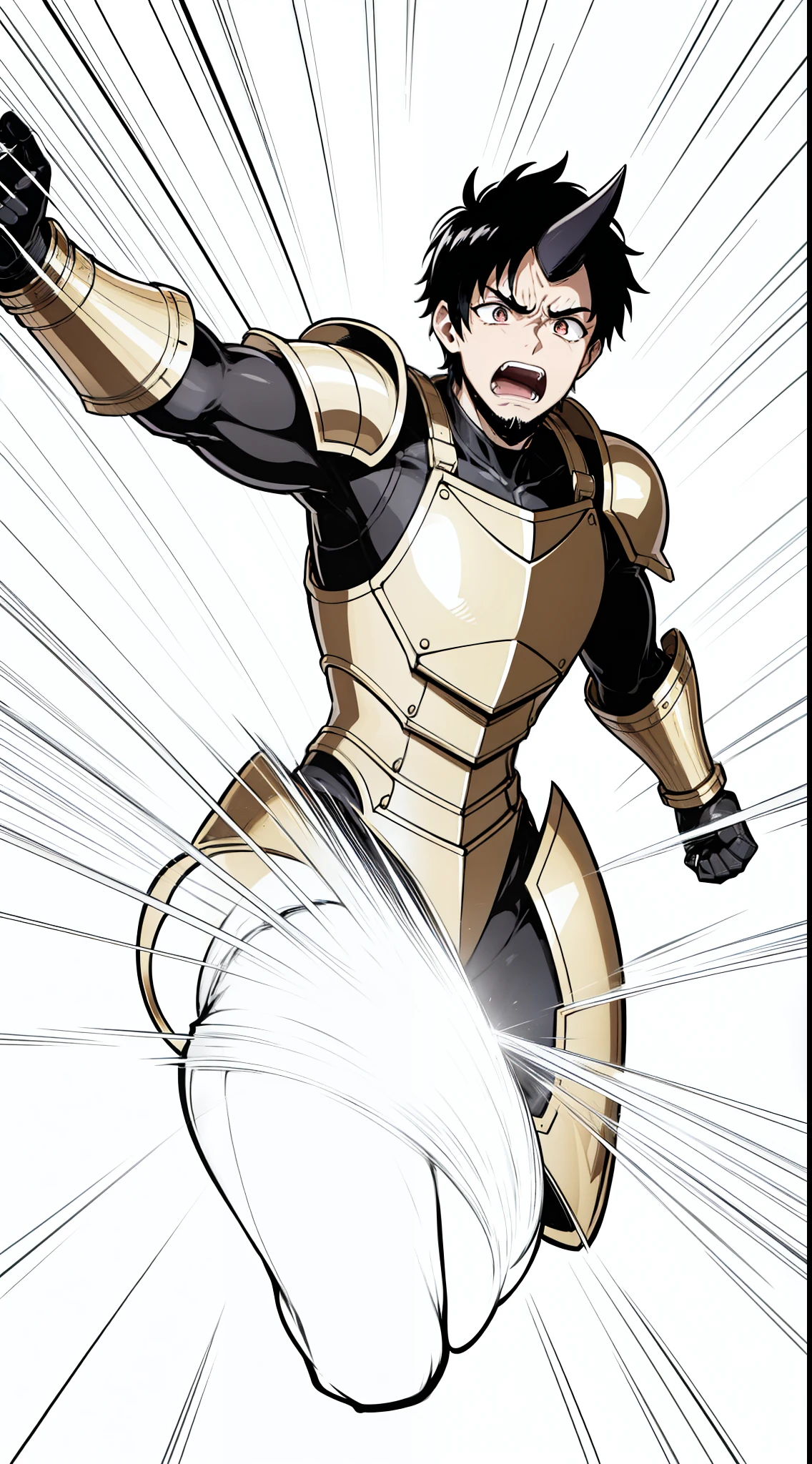 1boy,20 years old,black horn,short hair,black hair,goatee,(golden armor),(white background,line drawing),angry,action pose,open mouth,attacking,reaching out,upper body,running