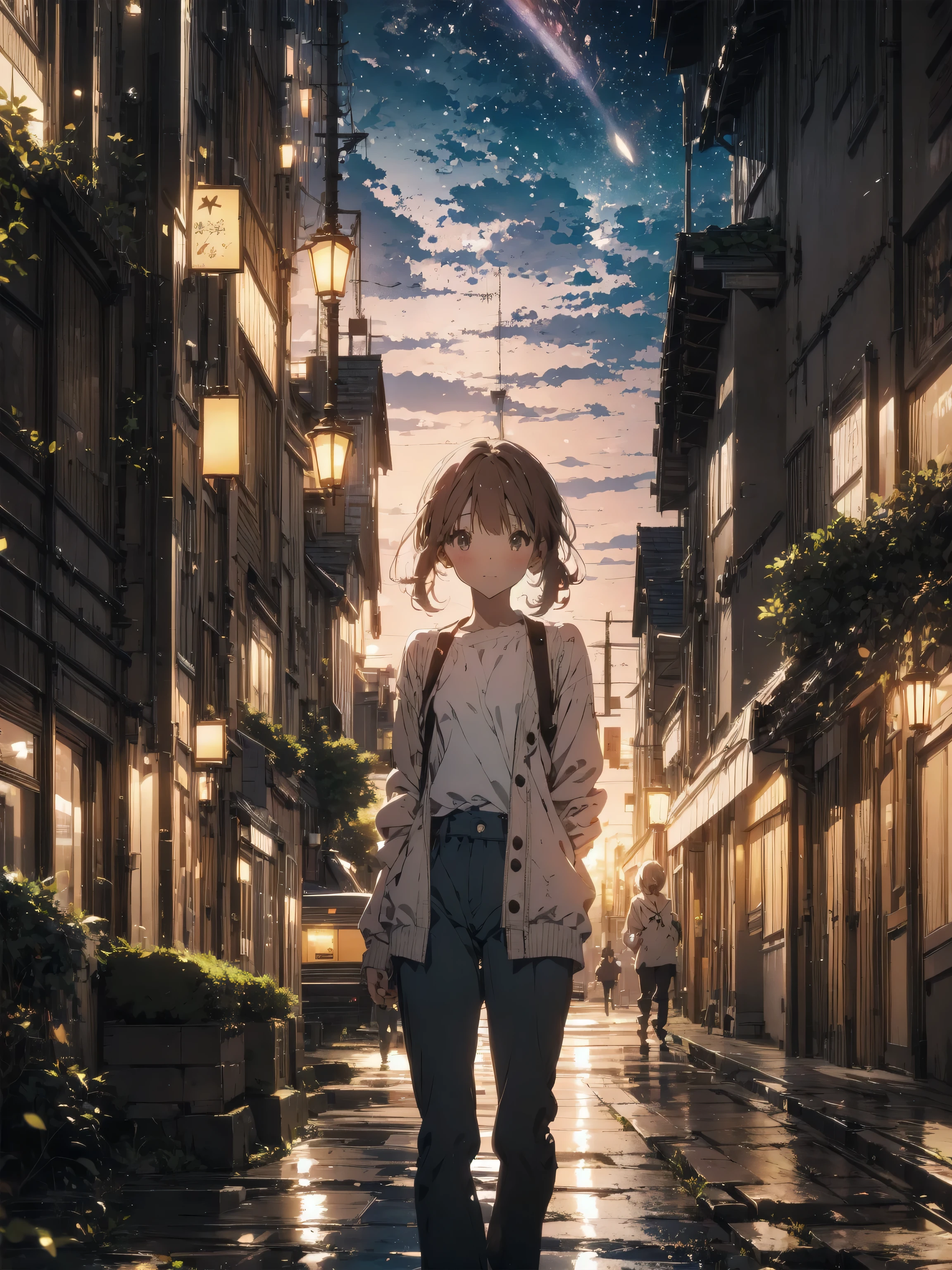 octans, sky, star (sky), scenery, starry sky, night, 1girl, night sky, solo, outdoors, building, cloud, milky way, sitting, tree, long red hair, white shirt, long pants, city, silhouette, cityscape