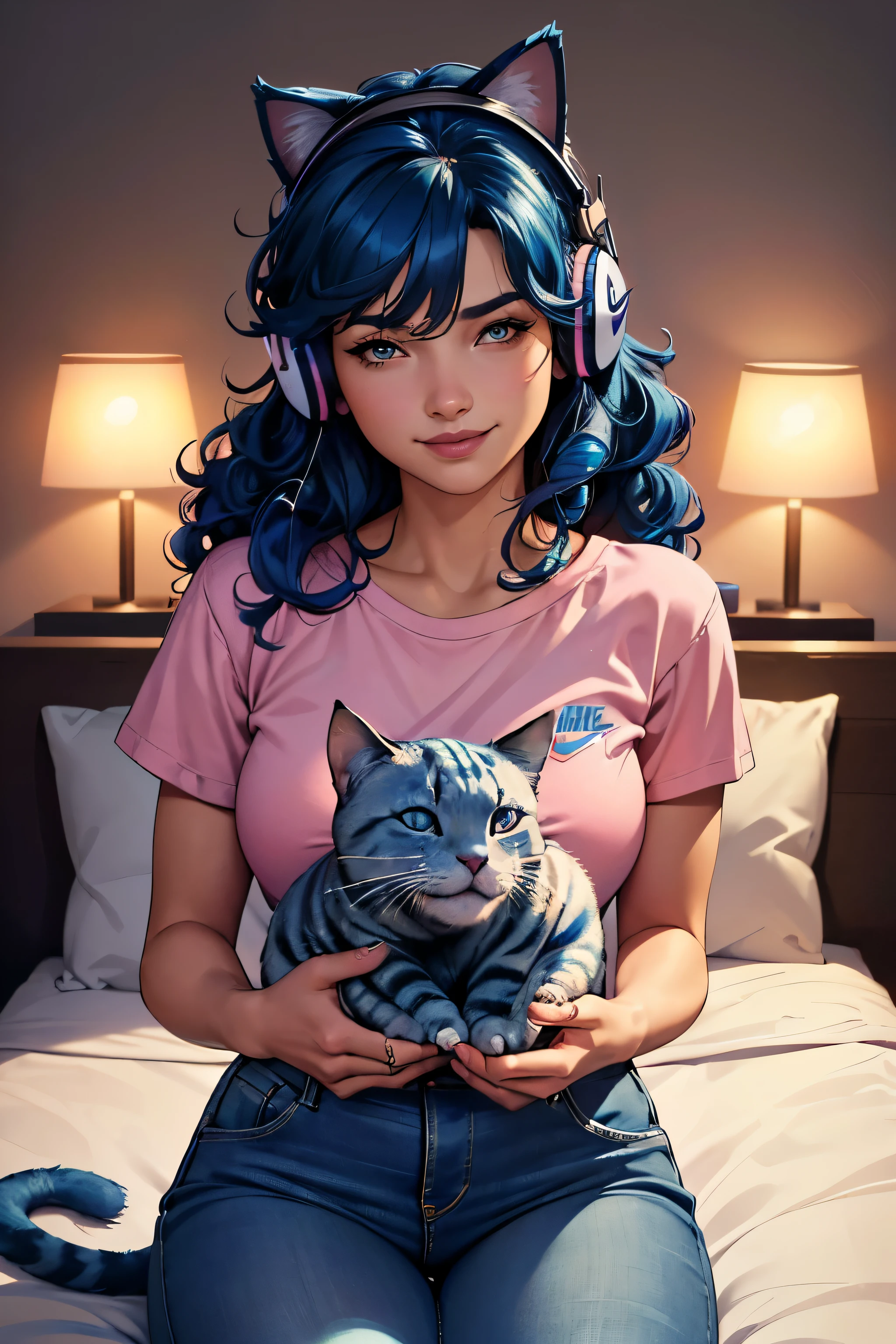(best quality,highres,masterpiece:1.2),ultra-detailed,(realistic:1.37),
beautiful girl on bed,blue headphones,listening to music,perfect face,smiling,curly hair with blue streaks,pink t-shirt with Nike logo,blue jeans,pet cat cuddling,mood lighting,vivid colors,studio lighting,lush background,soft bedding,comfortable pillows,airy room,cozy atmosphere