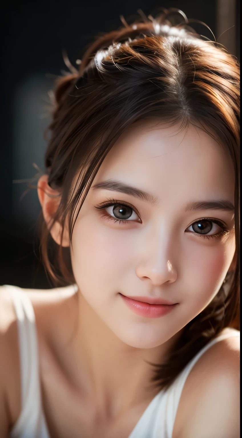 masterpiece, highest quality, Raw foto, photorealistic, smile, beautiful girl, cute, Hair up, Depth of the bounds written, High resolution, Super detailed, details, highly detailed eyes and face, Realistic pupils, sharp focus, Cinematic lighting, upper part of the body,