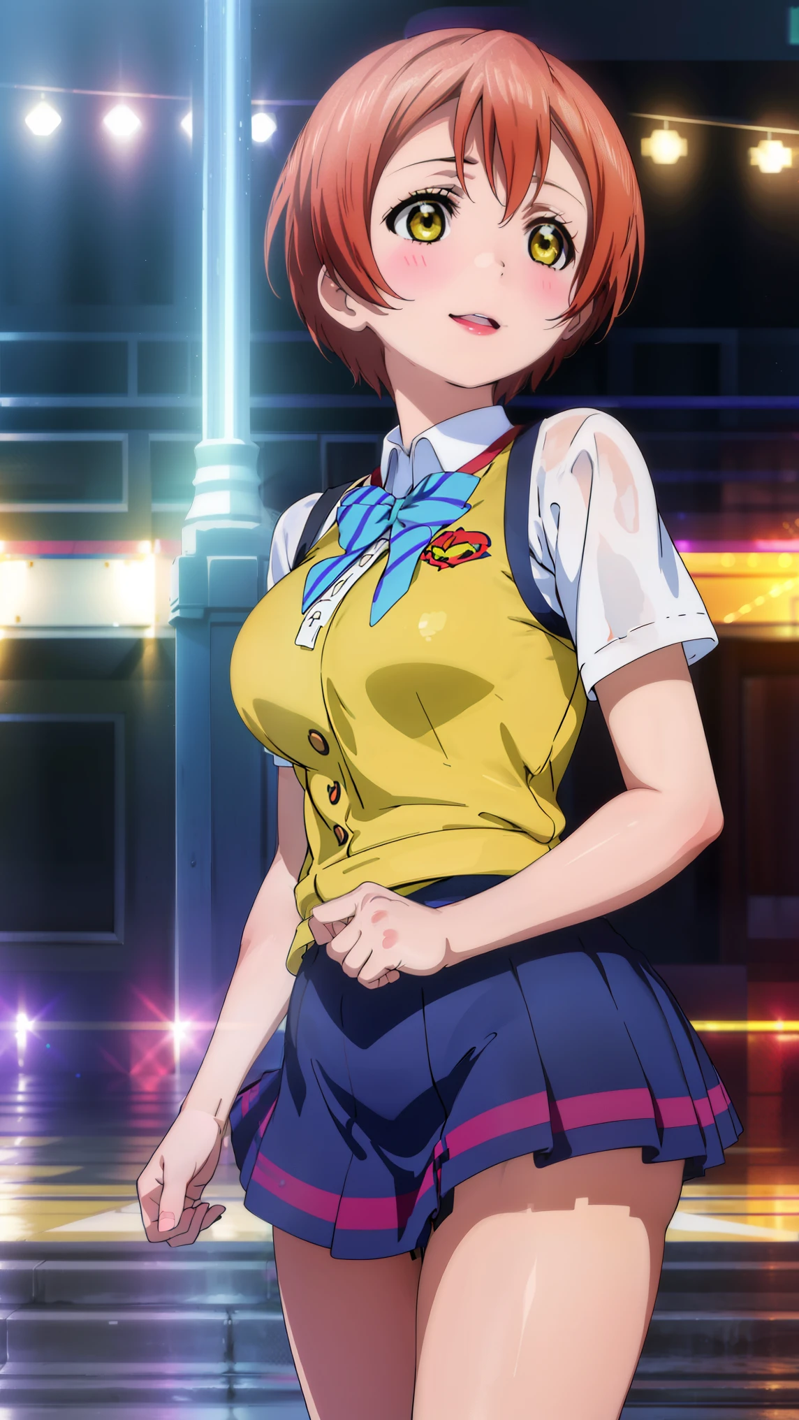 1 girl,Rin Hoshizora ,(lovelive),(school uniform), smile, absurd,  huge breasts, erasure of emotions,avert your eyes , whole body shape, (highest quality、4k、8k、High resolution、must have:1.2)、Super detailed、(reality、It&#39;s realistic、realistic:1.37)、ticker、hyper hd、studio lighting、ultra definition paint、sharp focus、Physically based rendering、extreme details、Professional specifications、vibrancy and color、blurry、sports portrait、landscape、horror style、anime big breasts、SF、photograph、concept artist、five fingers, perfect body,  {{{masterpiece}}}, {{{highest quality}}}, {{Super detailed}}, {shape}, {{very delicate and beautiful}},Improved cost performance、all roles、Canon 5D MK4でphotograph、photograph, 