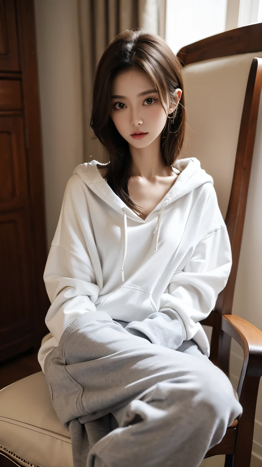 (Photorealistic),(Masterpiece),(ultra-detailed),a tall very beautiful and extremely thin girl who is literally just skin and bones because of being severely malnourished and looks so fragile and delicate and has big eyes and very small head, can see all her bones,sitting on a chair,she has very small and thin body frame and legs,extremely slender build, wearing a baggy hoodie which is just hanging on and baggy sweat pants